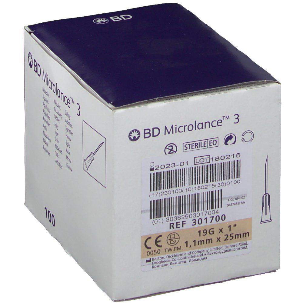 Verpackung von BD Microlance™ 3 Nadeln. Enthält 100 Nadeln, 19G x 1", 1,1mm x 25mm. Steril, mit Chargennummer.