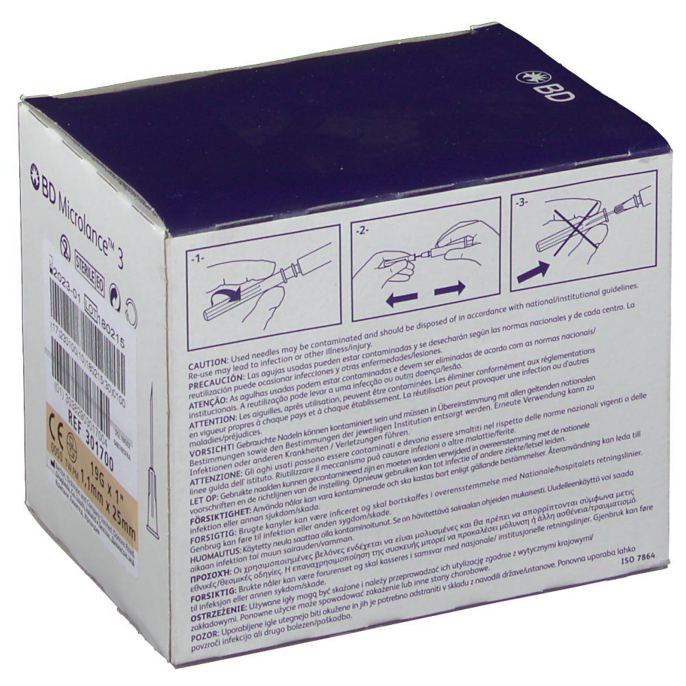 Verpackung von BD Microlance™ 3 Nadeln. Rückseite mit Anweisungen und Warnhinweisen.