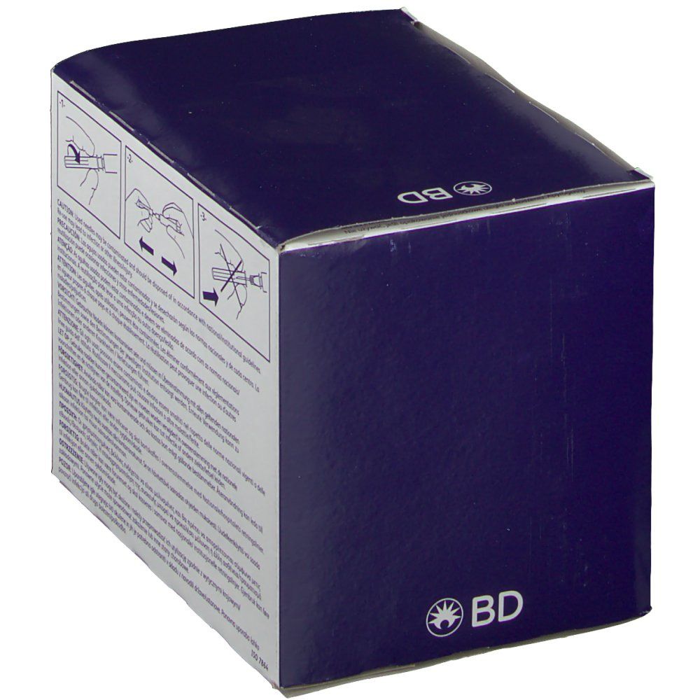 Verpackung von BD Microlance™ 3 Nadeln. Blaue Verpackung mit Produktinformationen und Warnhinweisen.