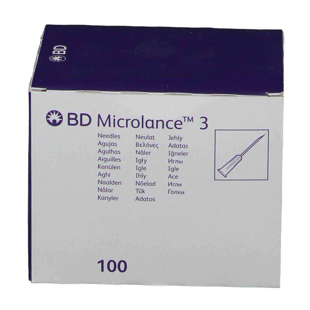 Verpackung von BD Microlance™ 3 Nadeln. Blaue Verpackung mit Produktinformationen und Nadel-Illustration.
