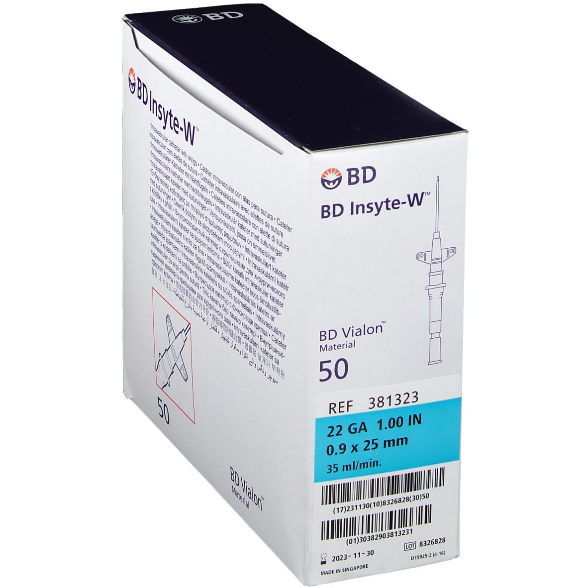 Boîte BD Insyte-W. Inscriptions: 50, 22 GA 1.00 IN 0.9 x 25 mm 35 ml/min, BD Vialon Material.