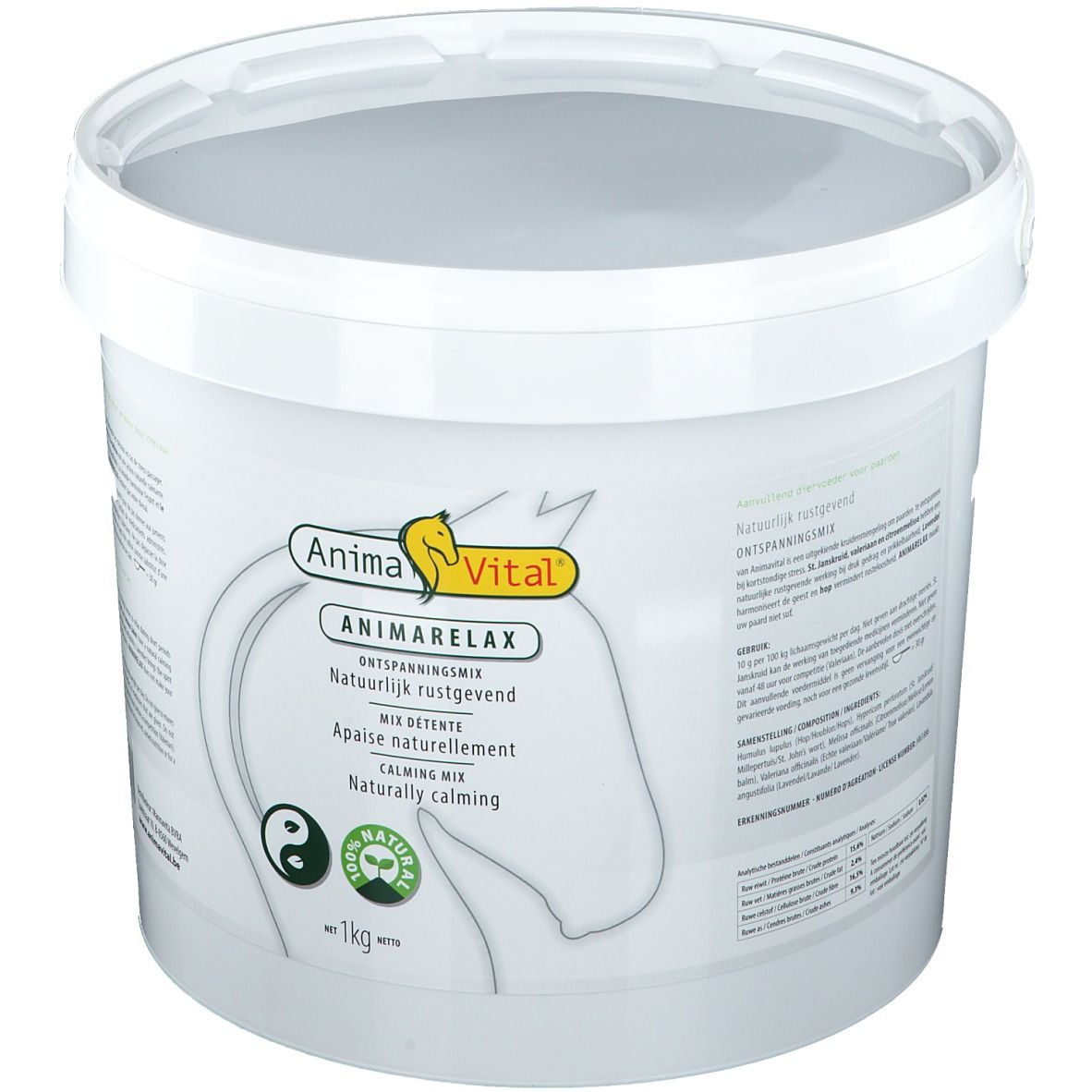 Seau blanc avec couvercle. Inscription: AnimaVital Animarelax. Mélange relaxant naturel. 1kg. Symbole Yin-Yang et logo naturel.