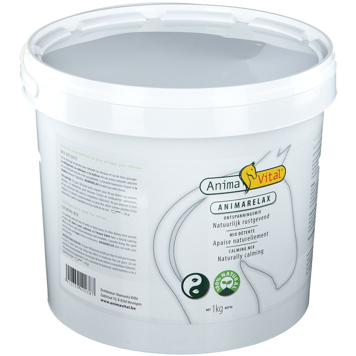 Seau blanc avec couvercle. Inscription: AnimaVital Animarelax. Mélange relaxant naturel. 1kg. Symbole Yin-Yang et logo naturel.