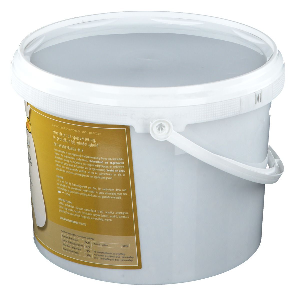 Seau blanc avec couvercle et anse. Étiquette avec informations sur le produit.