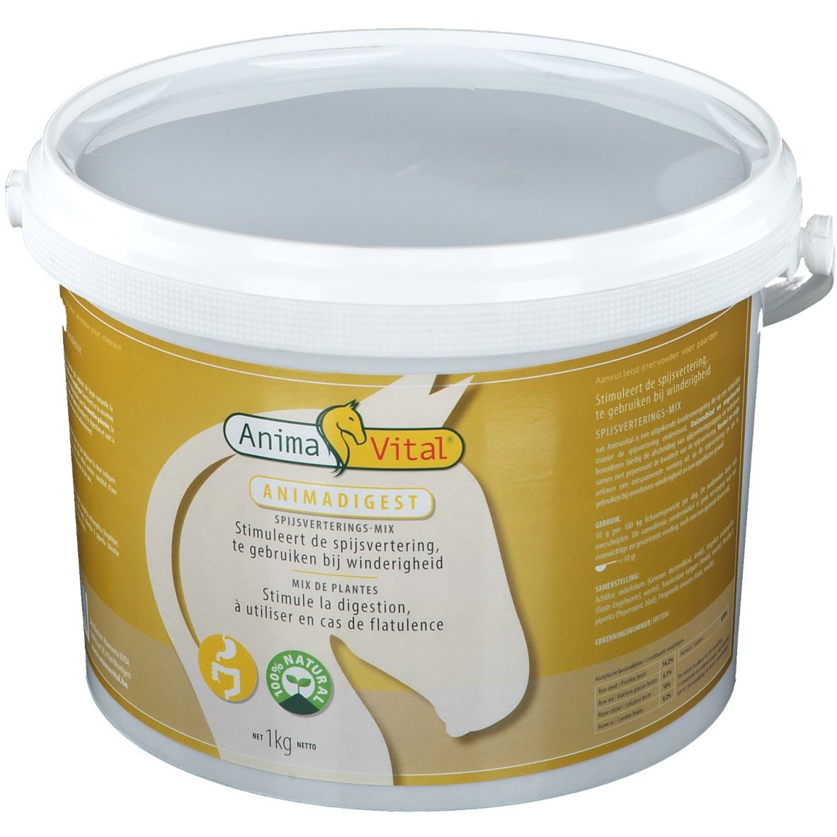Seau blanc avec couvercle. Étiquette avec informations produit et logo: AnimaVital Animadigest. 1 kg.