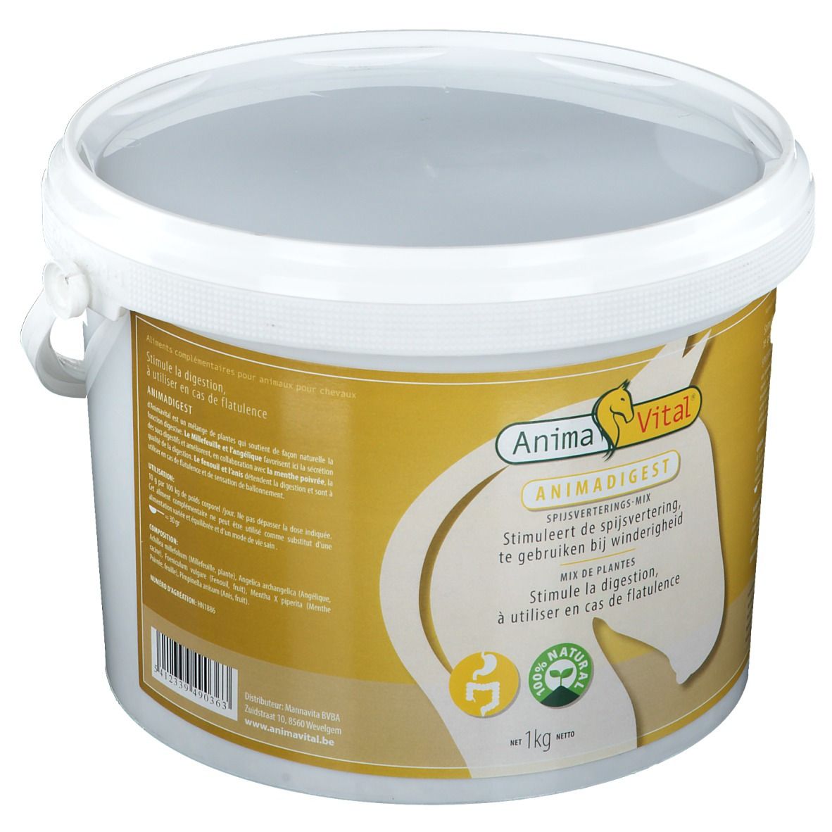 Seau blanc avec couvercle. Étiquette avec informations produit et logo: AnimaVital Animadigest. 1 kg.