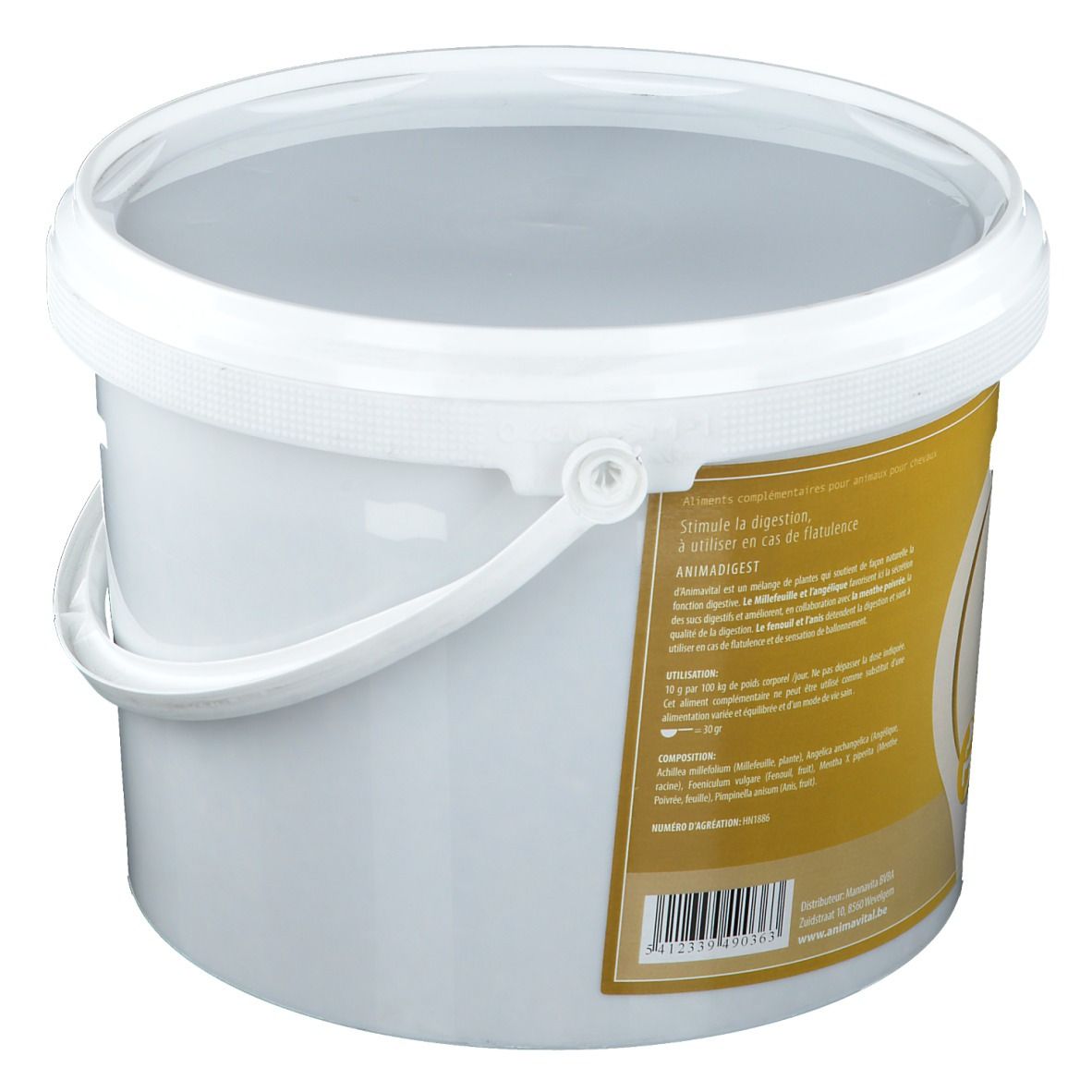 Seau blanc avec couvercle et anse. Étiquette avec informations sur le produit.