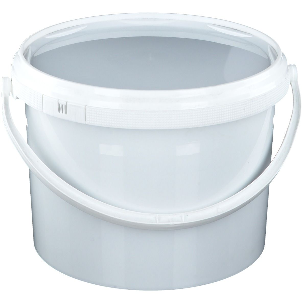 Witte emmer met deksel en handvat. Lege container.
