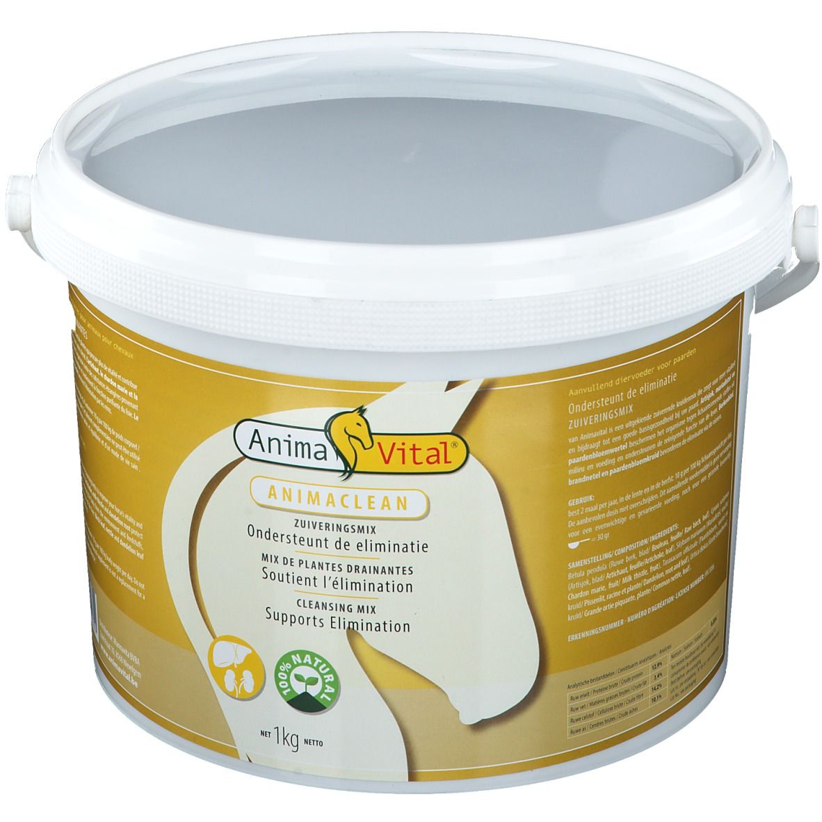 Witte emmer met deksel en handvat. Etiket met productnaam AnimaVital Animaclean en tekst. 1kg.