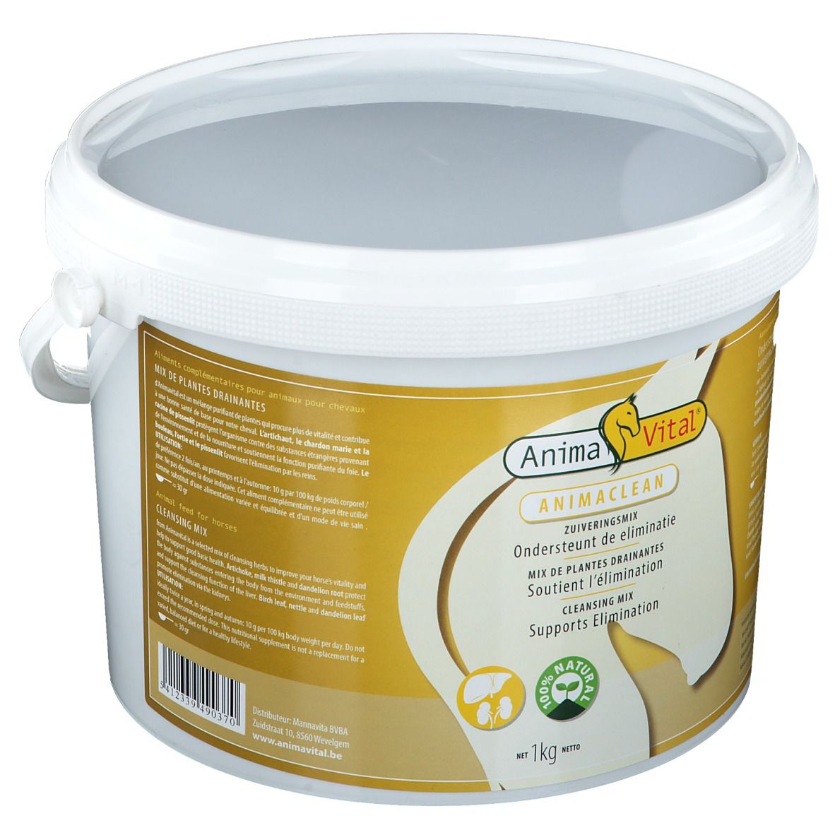 Witte emmer met deksel en handvat. Etiket met productnaam AnimaVital Animaclean en tekst. 1kg.