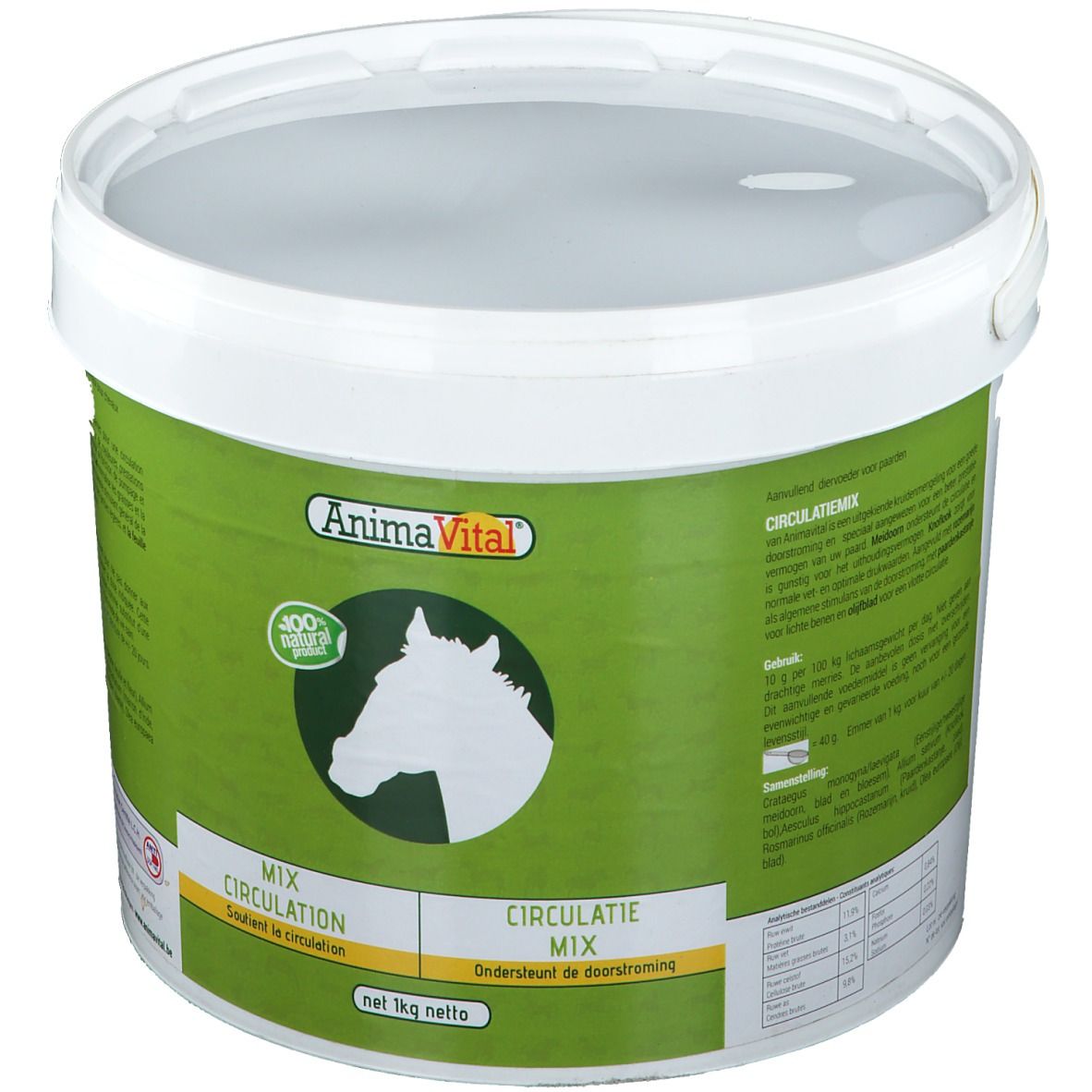 Seau blanc avec étiquette verte. Inscription: AnimaVital, Mix Circulation. Logo: tête de cheval. 1 kg net.