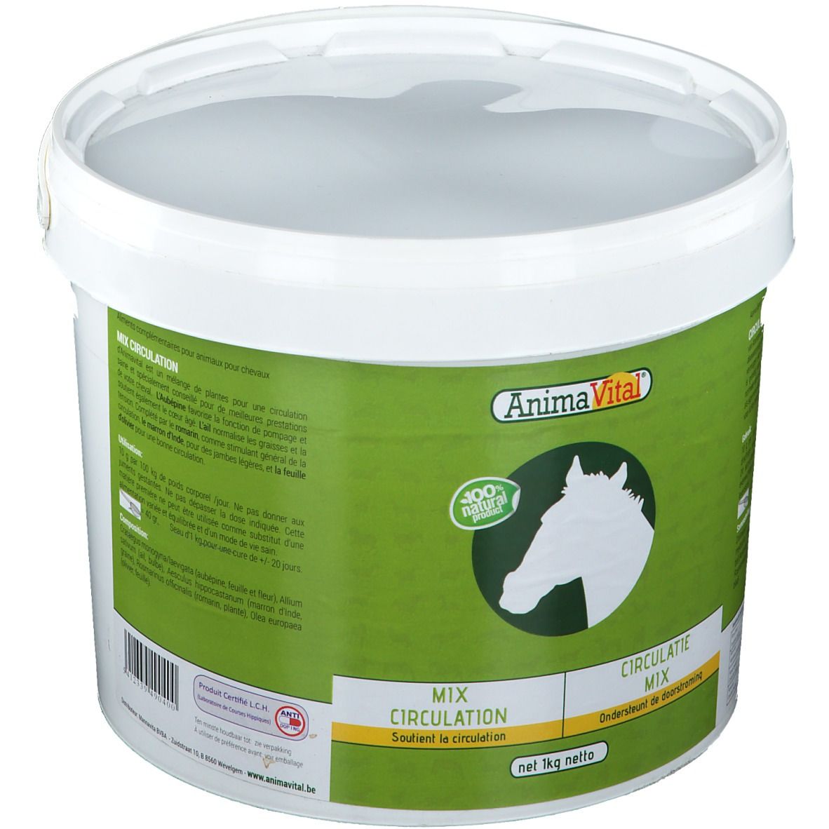 Seau blanc avec étiquette verte. Inscription: AnimaVital, Mix Circulation. Logo: tête de cheval. 1 kg net.