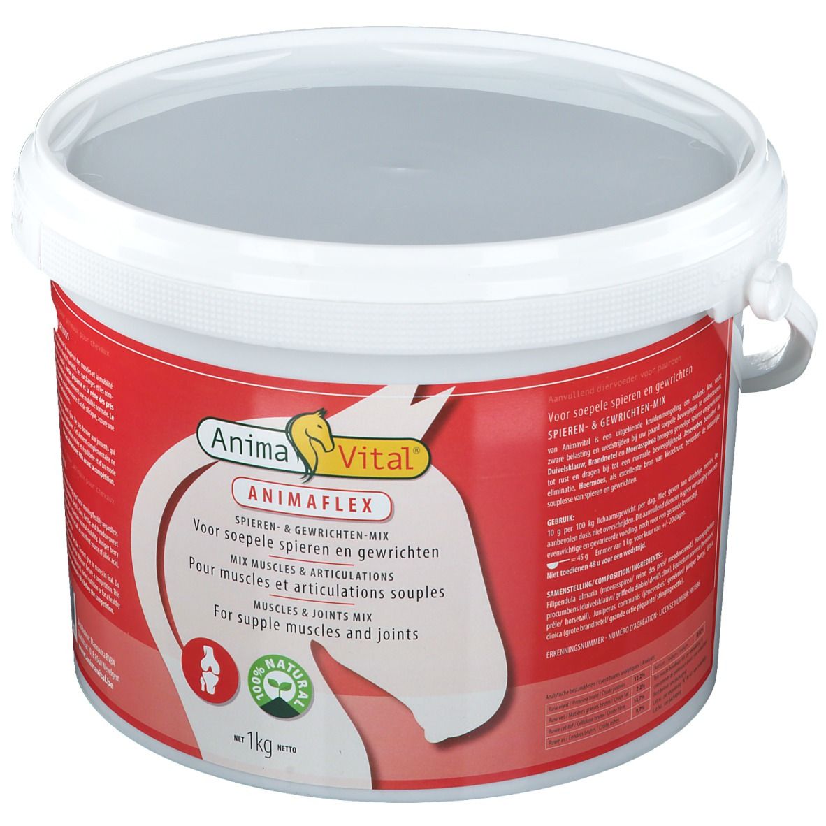 Witte emmer met rood etiket. Opschrift: AnimaVital Animaflex, spieren & gewrichten. Met handvat en deksel.