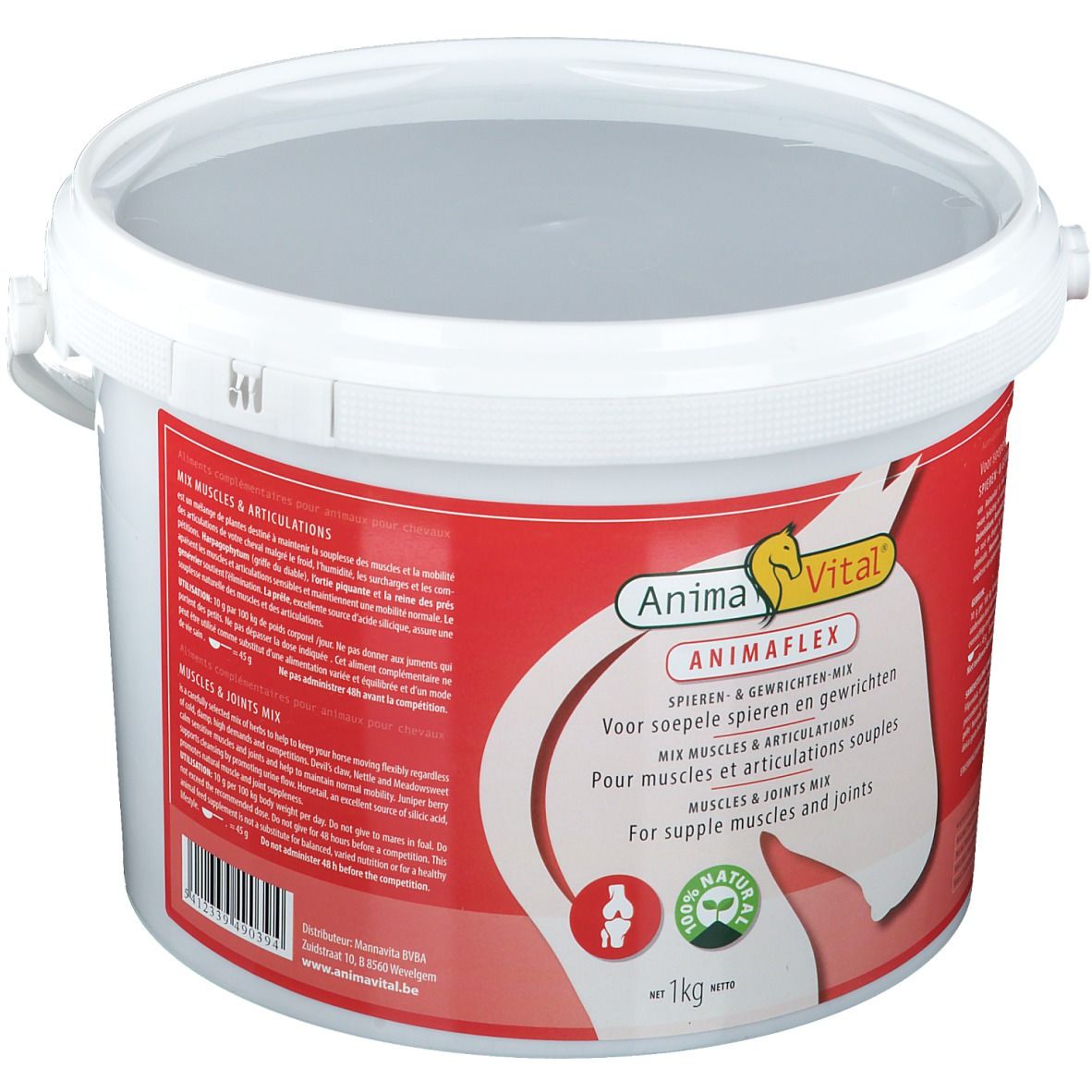 Witte emmer met rood etiket. Opschrift: AnimaVital Animaflex, spieren & gewrichten. Met handvat en deksel.