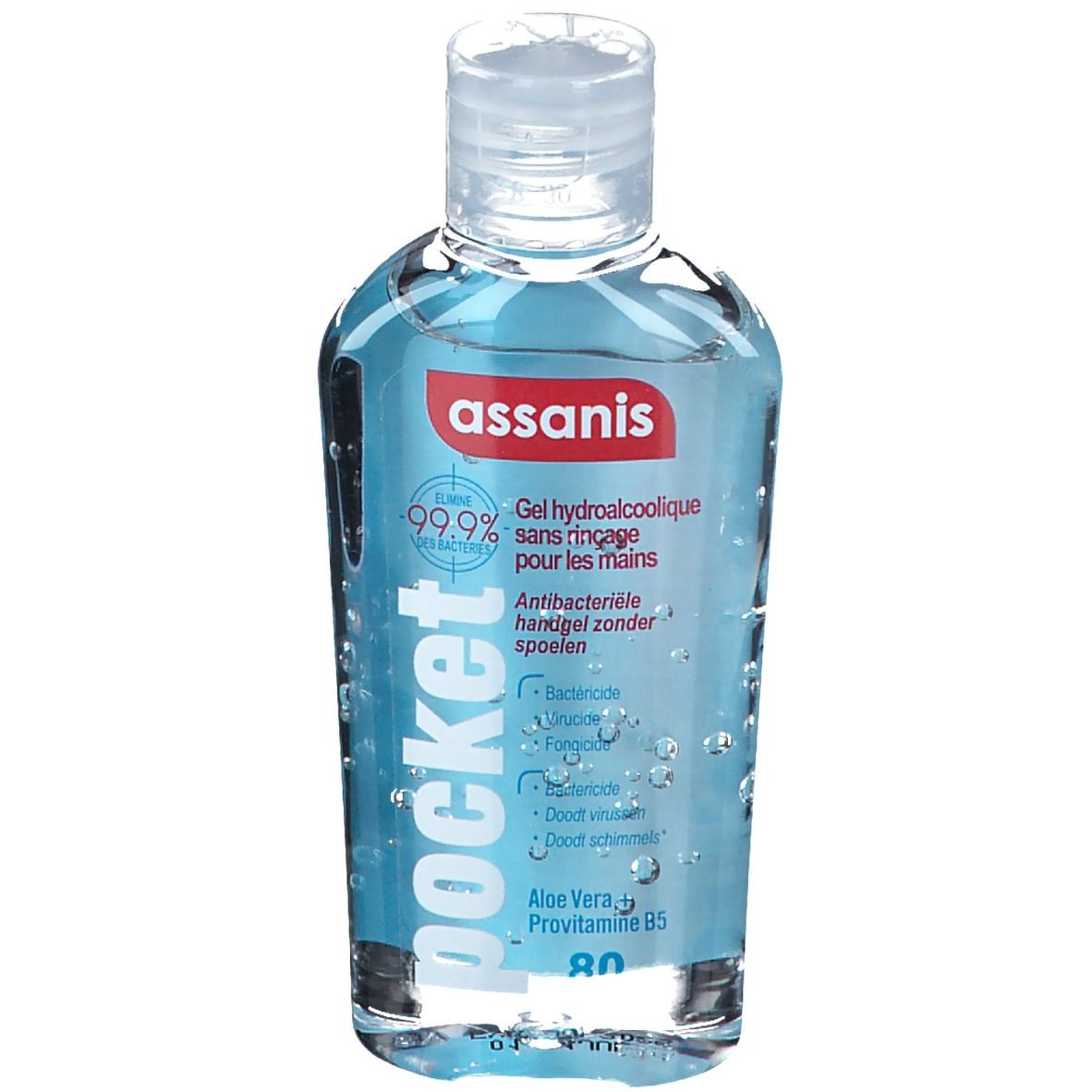 Transparente Flasche mit blauem Gel. Roter Aufkleber mit weißer Schrift: assanis, pocket. Klare Kappe.