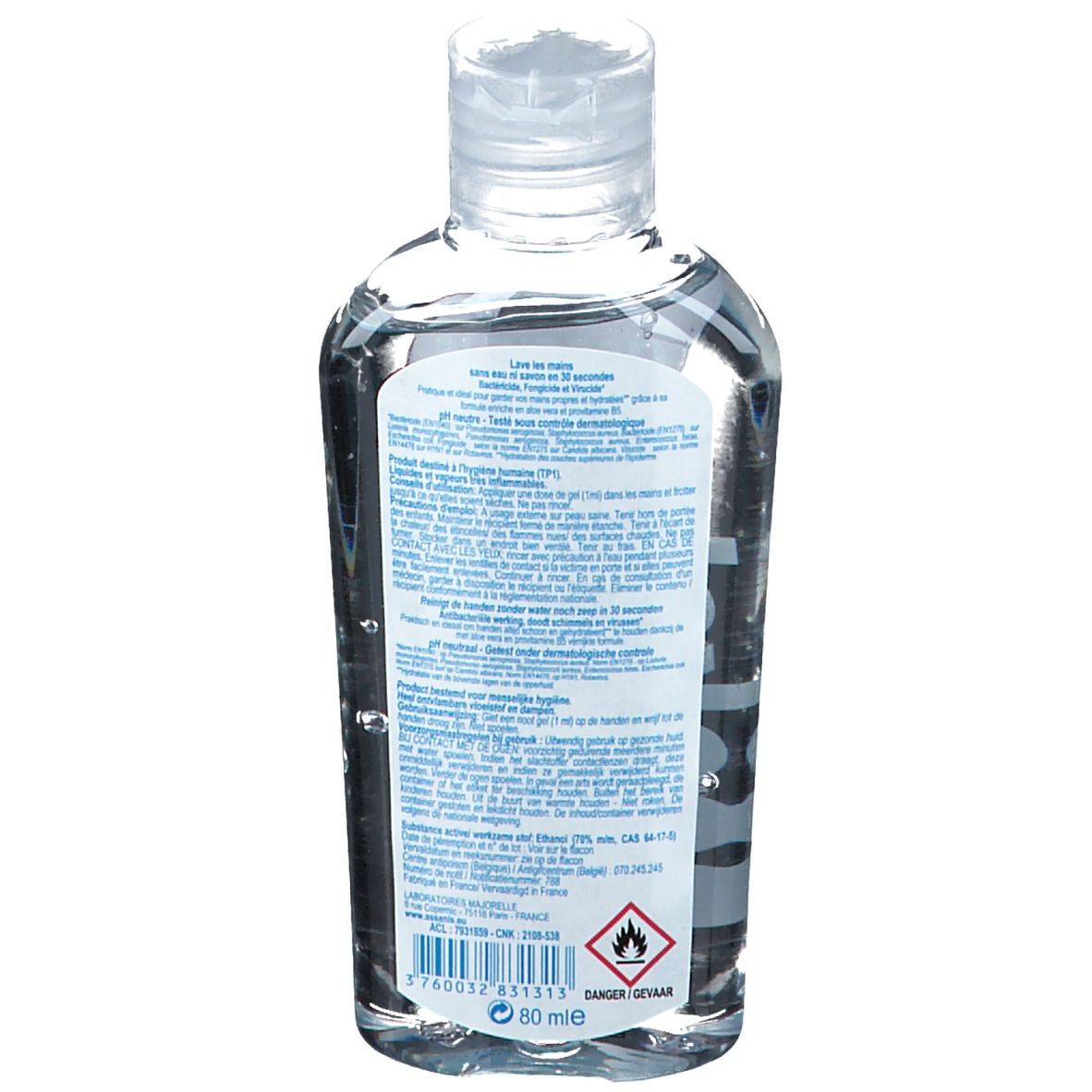 Rückseite der Flasche. Weiße Etikette mit Text. Transparente Flasche mit blauem Gel. Klare Kappe.