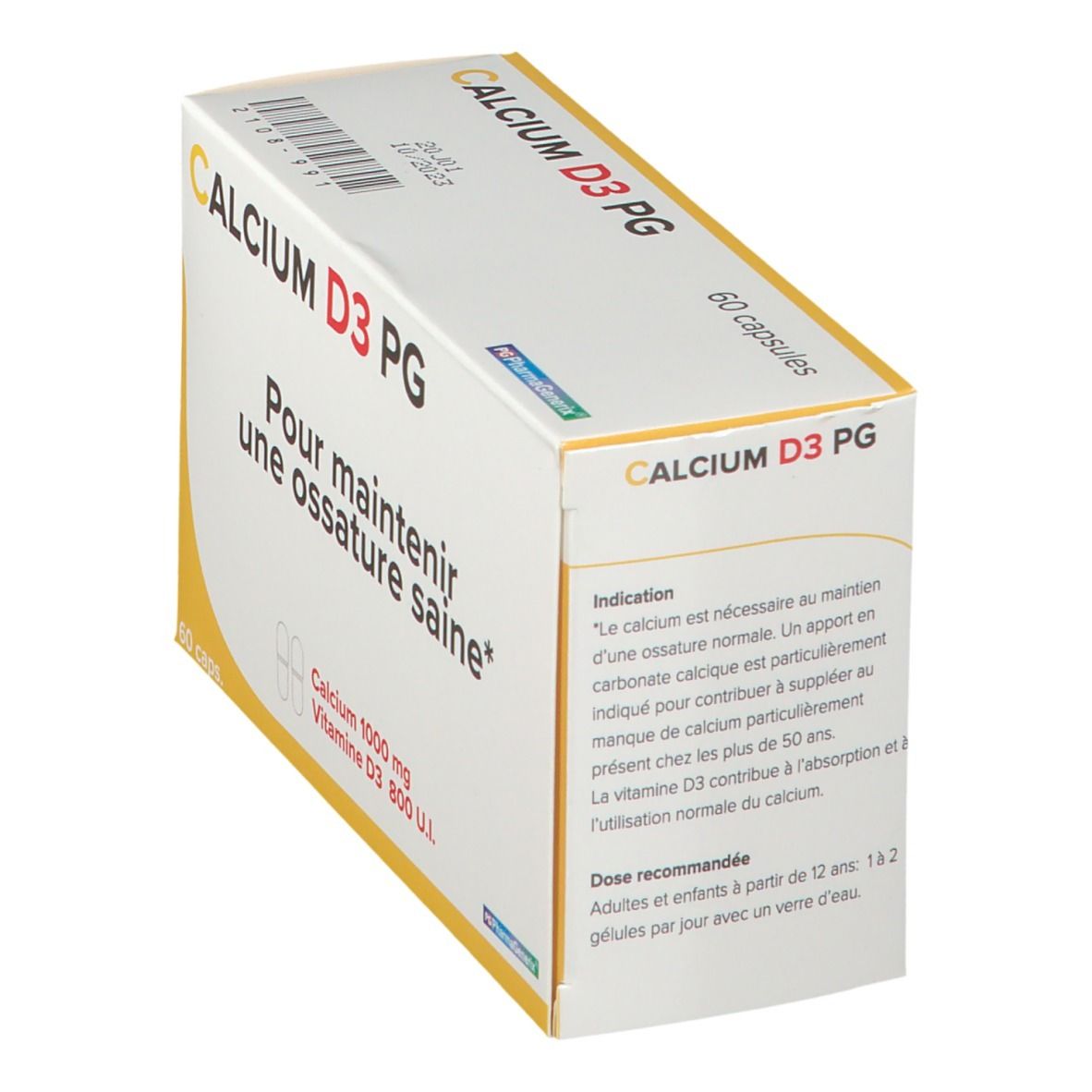 Boîte "CALCIUM D3 PG" avec 60 capsules. Inscription: "Pour maintenir une ossature saine". Contient 1000 mg de calcium.
