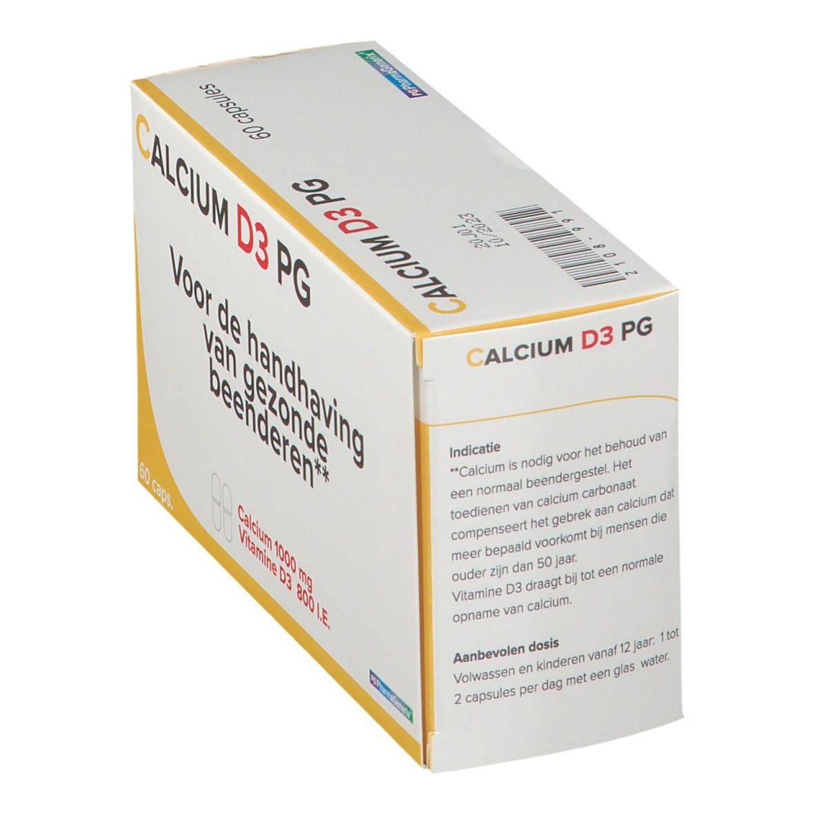 Boîte "CALCIUM D3 PG" avec 60 capsules. Inscription: "Voor de handhaving van gezonde beenderen". Contient 1000 mg de calcium.