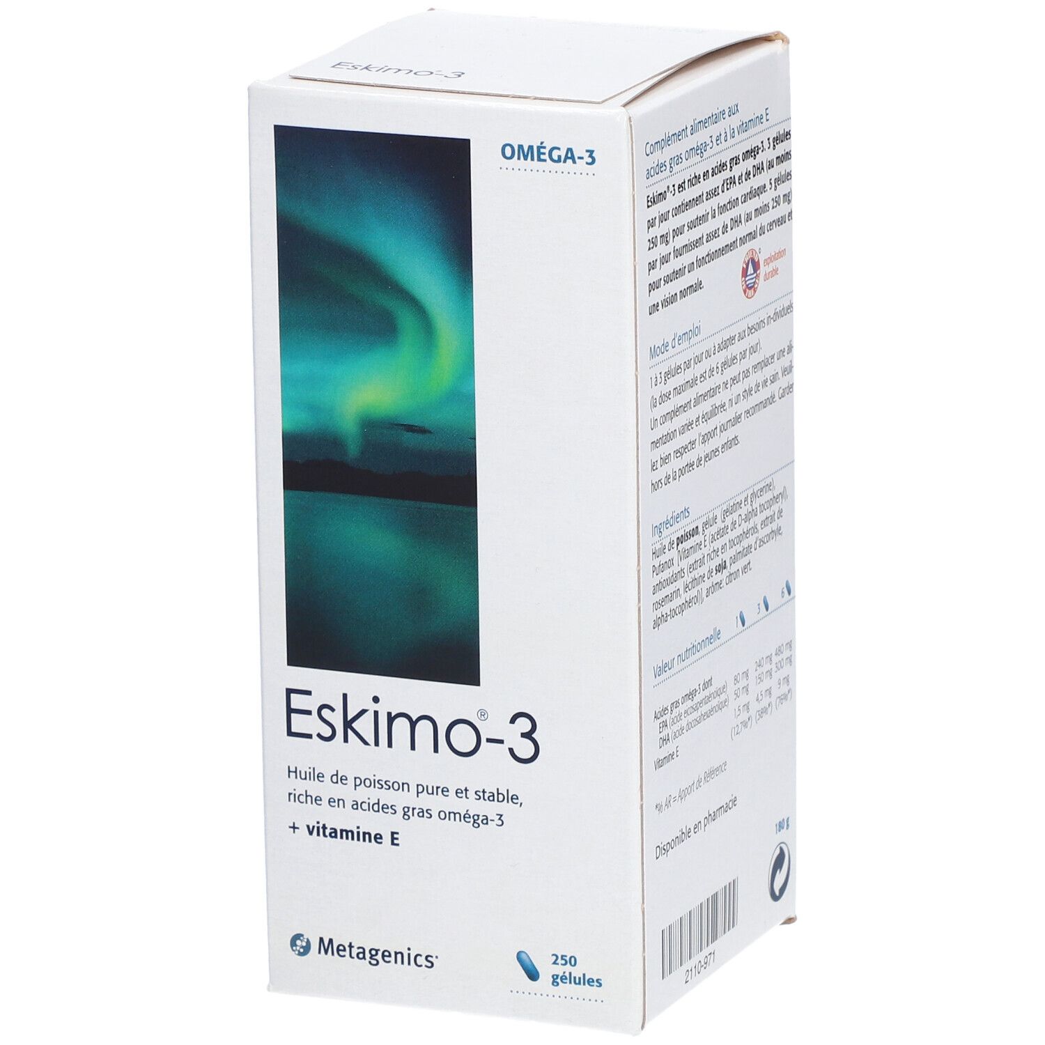 Eskimo-3-Schachtel. Aufschrift: Omega 3, 250 Kapseln. Enthält Omega-3-Fettsäuren und Vitamin E. Hintergrund: Nordlichter.