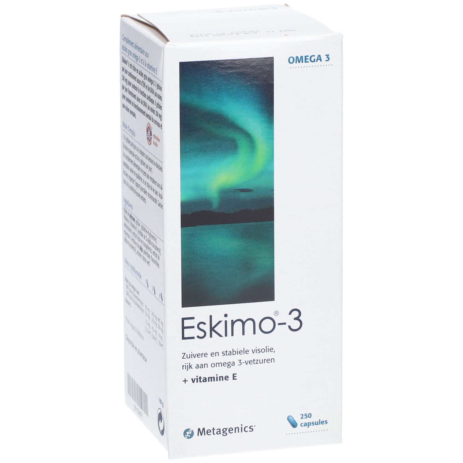 Eskimo-3-Schachtel. Aufschrift: Omega 3, 250 Kapseln. Enthält Omega-3-Fettsäuren und Vitamin E. Hintergrund: Nordlichter.