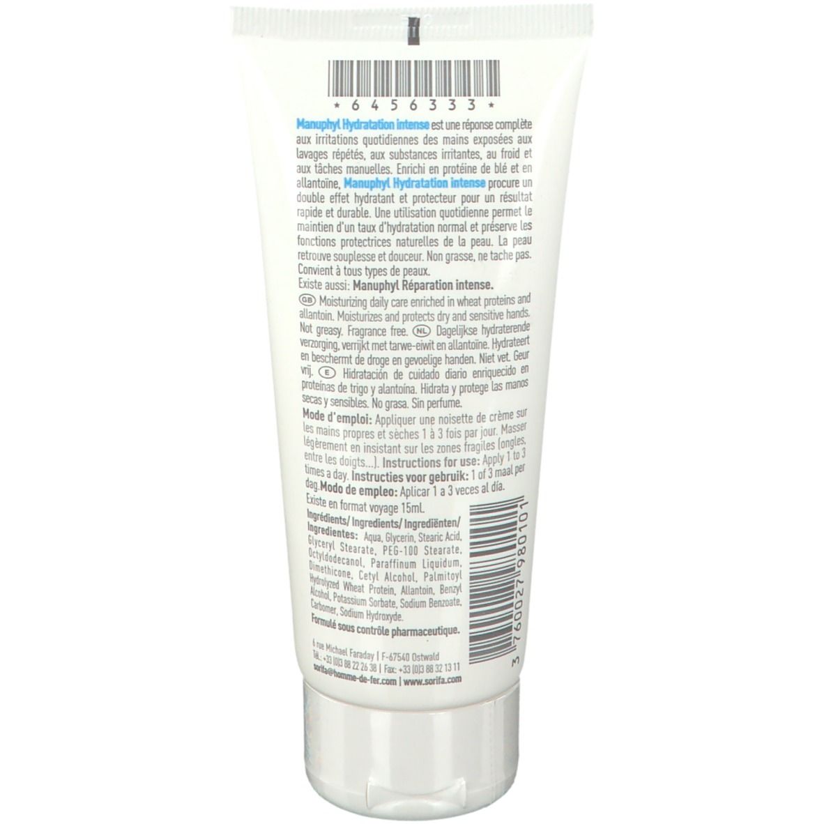 Dos du tube. Texte : Manuphyl Hydratation intense, ingrédients, mode d'emploi. Code-barres et informations fabricant.