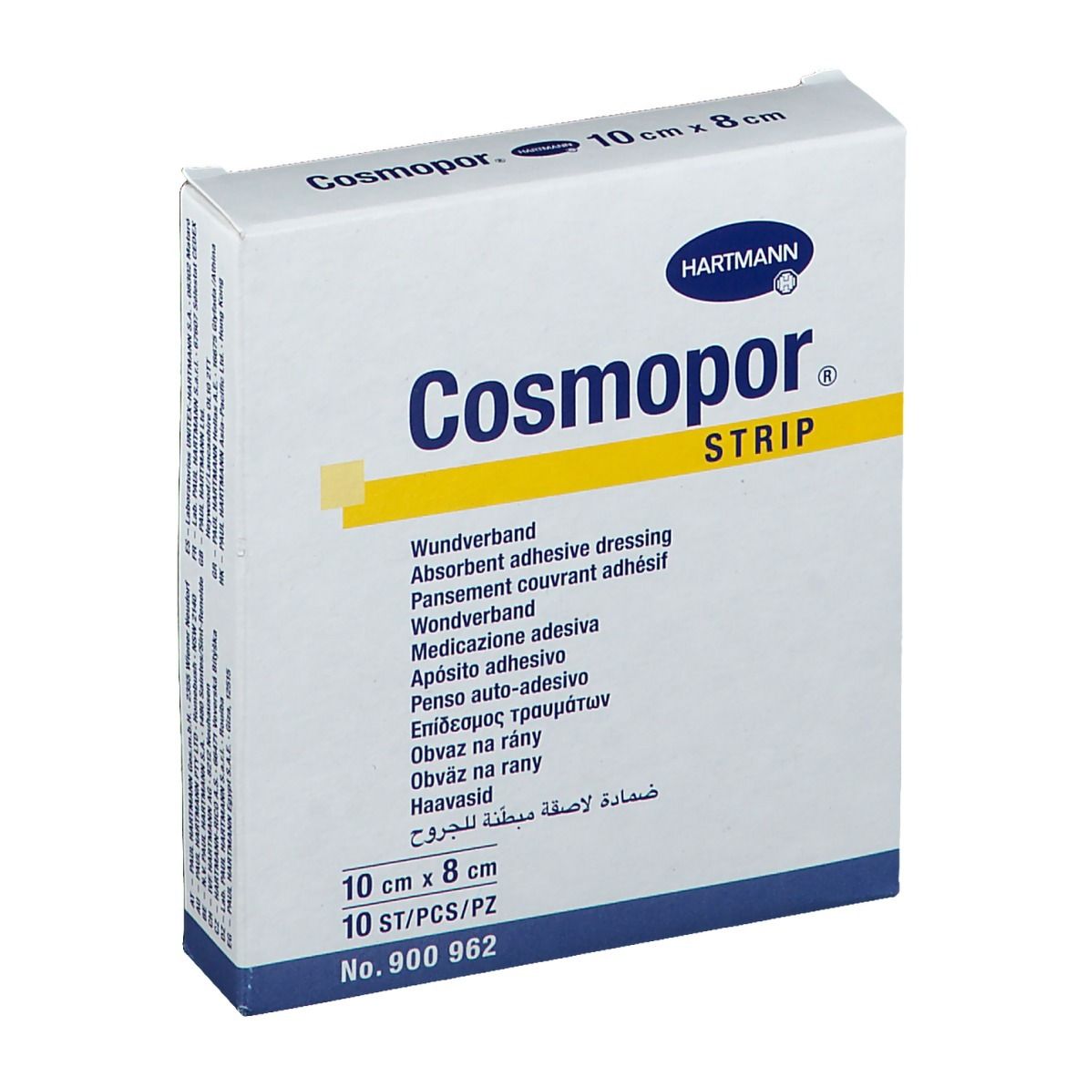 Emballage de pansements Cosmopor® Strip. Boîte blanche avec texte bleu et jaune. Contient 10 pièces. Dimensions : 10 cm x 8 cm.