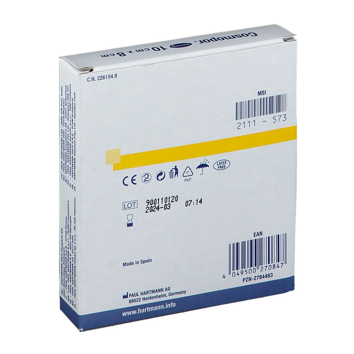 Dos de l'emballage des pansements Cosmopor® Strip. Contient des informations telles que le numéro de lot, la date d'expiration et le code EAN.