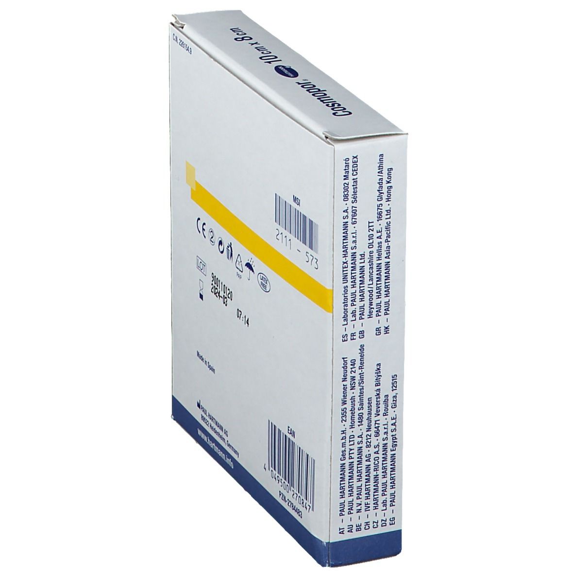 Dos en biais de l'emballage des pansements Cosmopor® Strip. Contient des informations telles que le numéro de lot et la date d'expiration.
