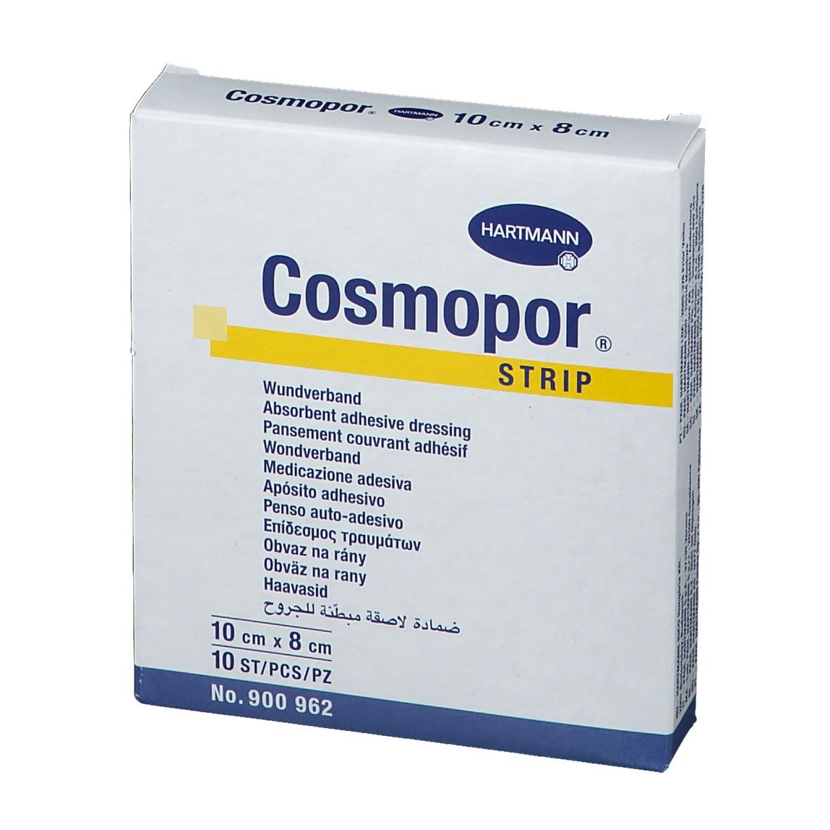 Emballage de pansements Cosmopor® Strip. Boîte blanche avec texte bleu et jaune. Contient 10 pièces. Dimensions : 10 cm x 8 cm.