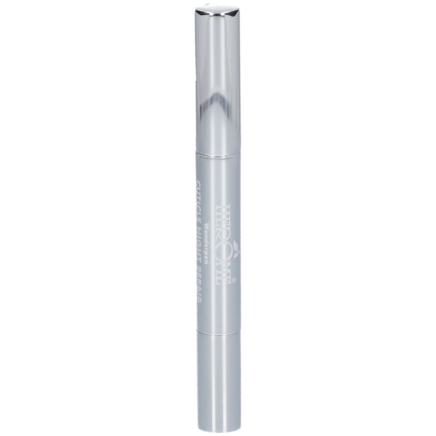 Silberfarbener Stift mit Kappe. Beschriftung auf dem Stift. HERÔME® Cuticle Night Repair Wunderstift.