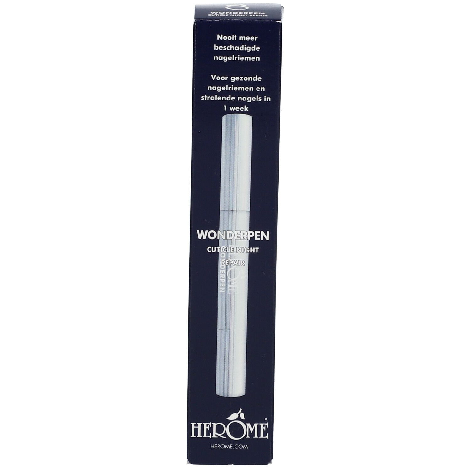 Schwarze Verpackung mit Text. HERÔME® Logo. HERÔME® Cuticle Night Repair Wunderstift. Blaue Schrift.