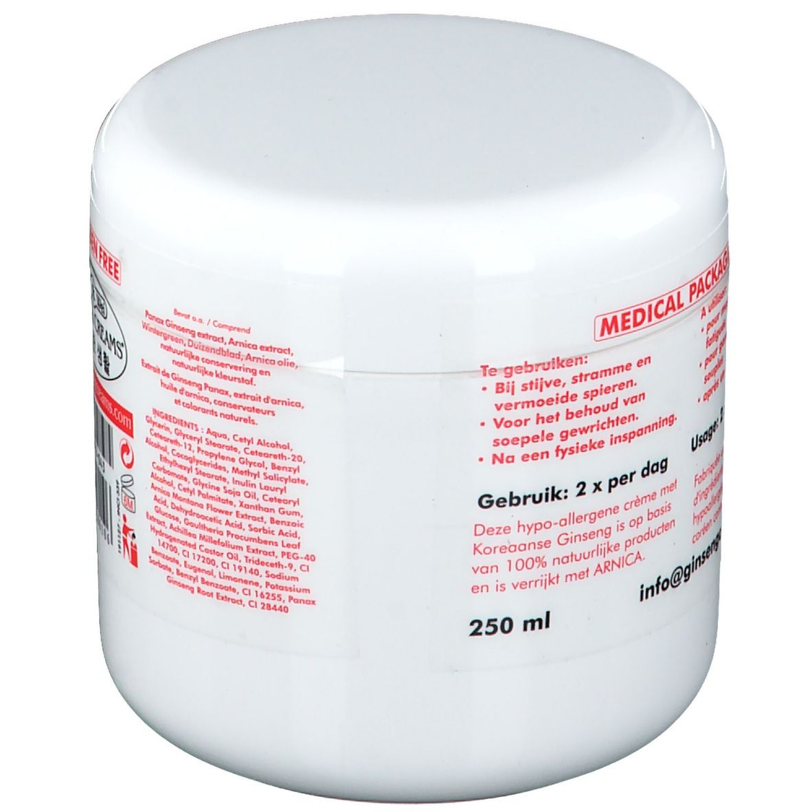 Pot blanc avec texte. Contient texte : 250 ml. Inscription : MEDICAL PACKAGING. Ingrédients et instructions d'utilisation.