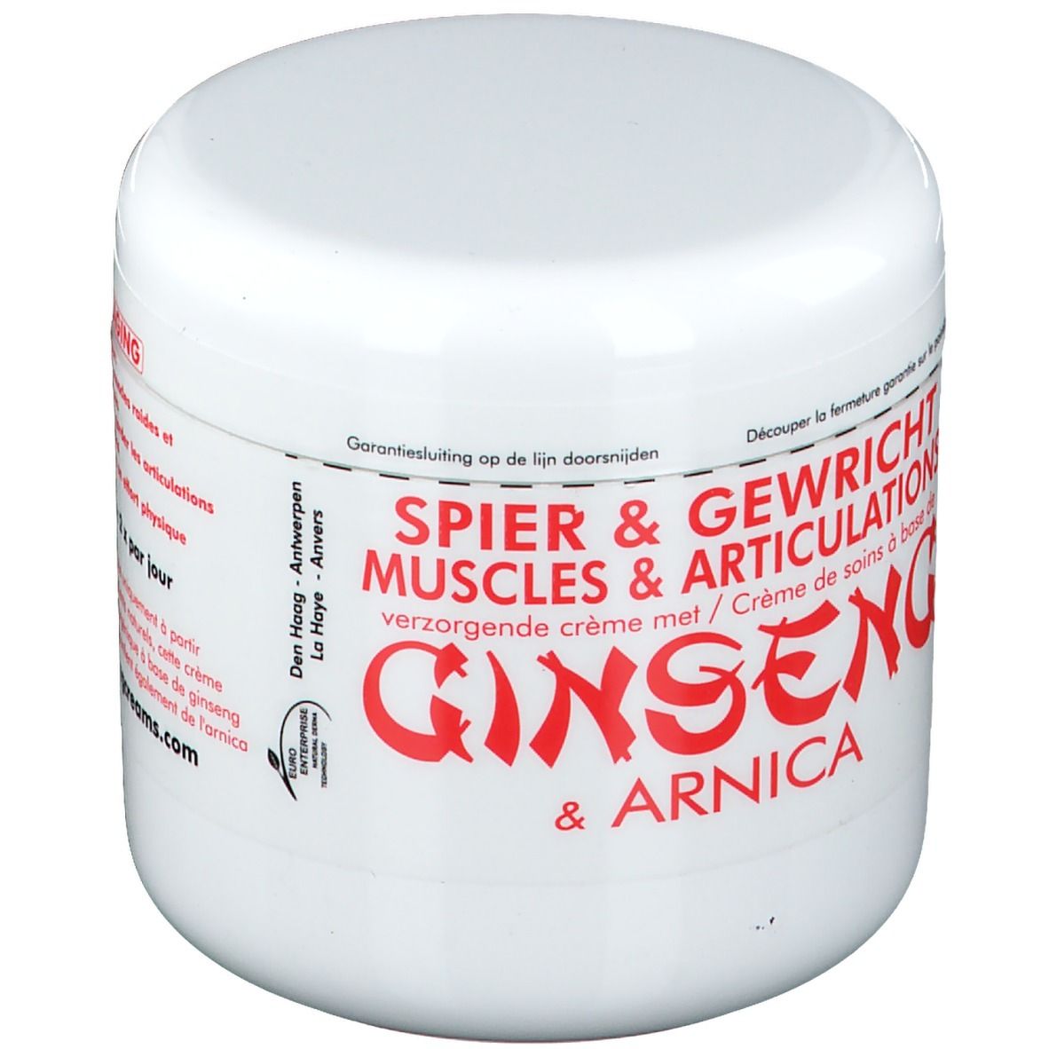 Pot blanc avec texte rouge : Crème de soin muscles & articulations avec ginseng & arnica. Couvercle imprimé.