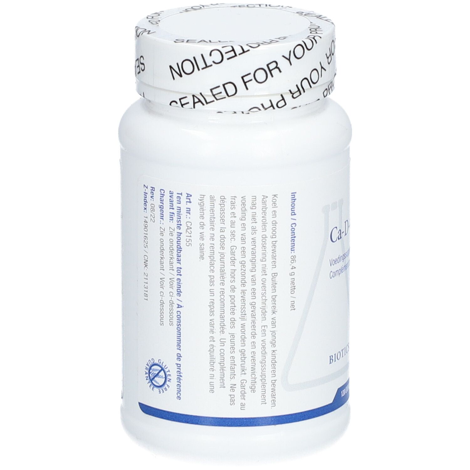 Rückseite der weißen Flasche Ca-D-Glucaraat. Textinformationen und Warnhinweise. Blauer Streifen am Boden.