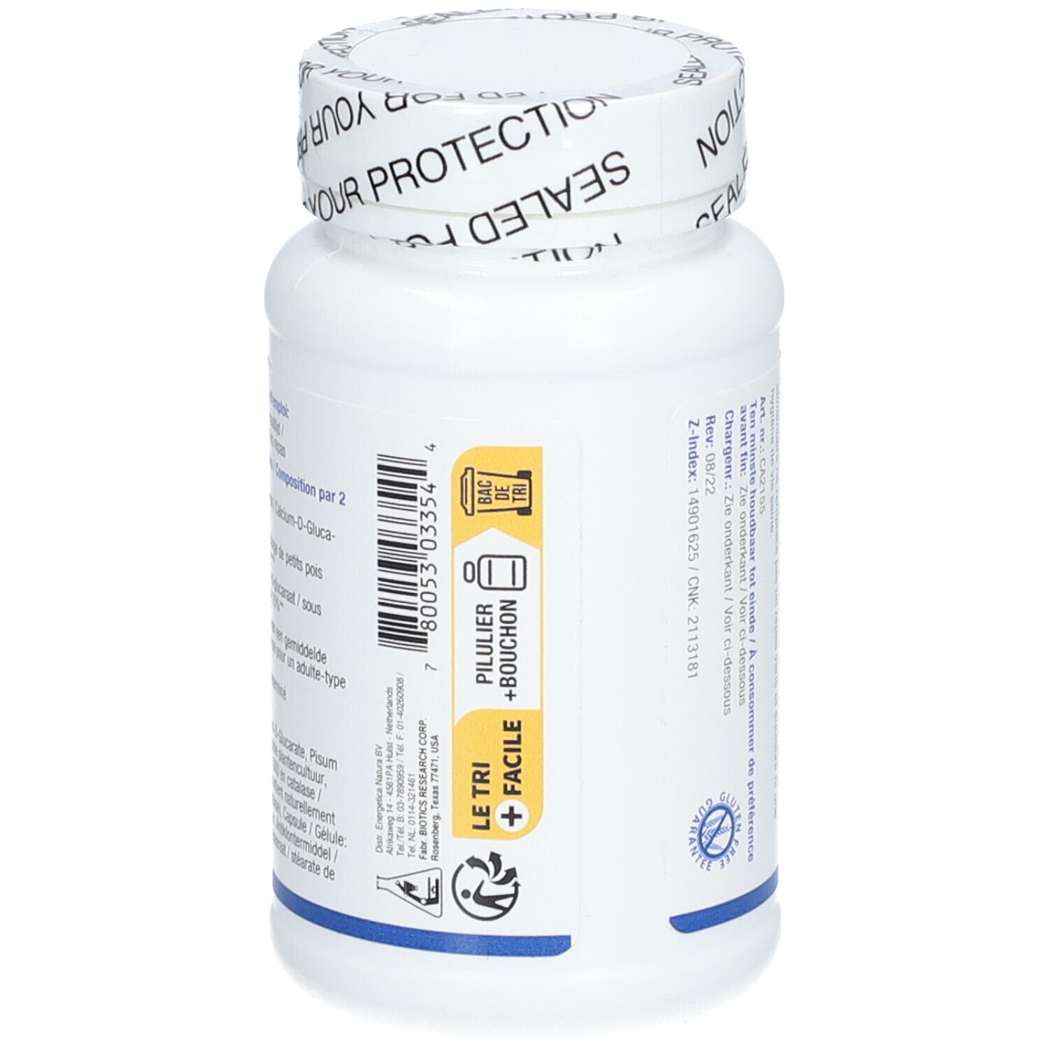 Rückseite der weißen Flasche Ca-D-Glucaraat. Barcode und Piktogramme. Gelbes Etikett mit Text.