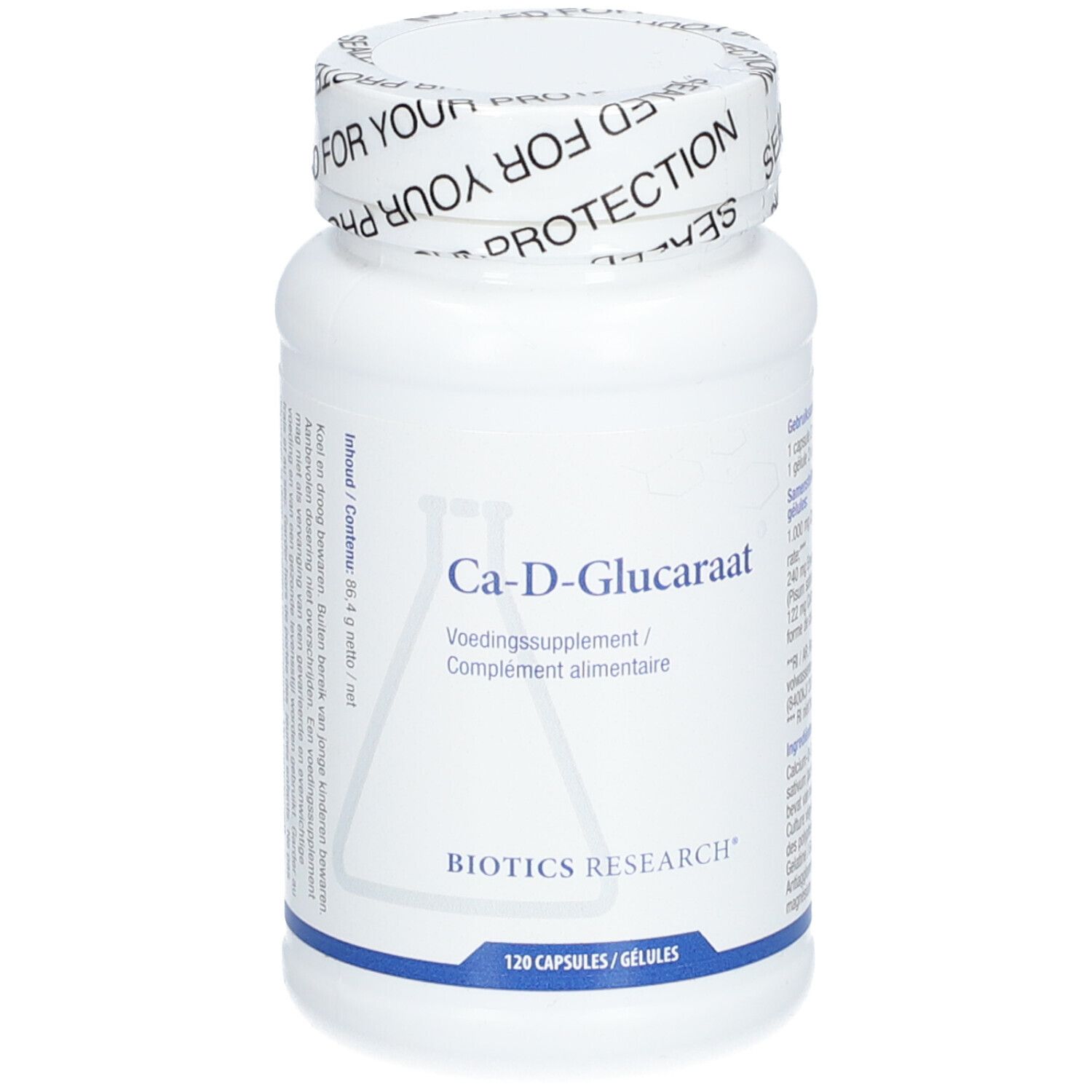 Weiße Flasche Ca-D-Glucaraat. Aufschrift: BIOTICS RESEARCH, 120 Kapseln. Verschluss mit Aufdruck.