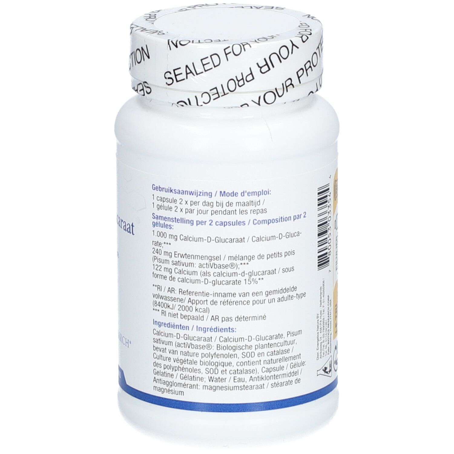Weiße Flasche Ca-D-Glucaraat. Aufschrift: BIOTICS RESEARCH, 120 Kapseln. Textinformationen auf der Seite.