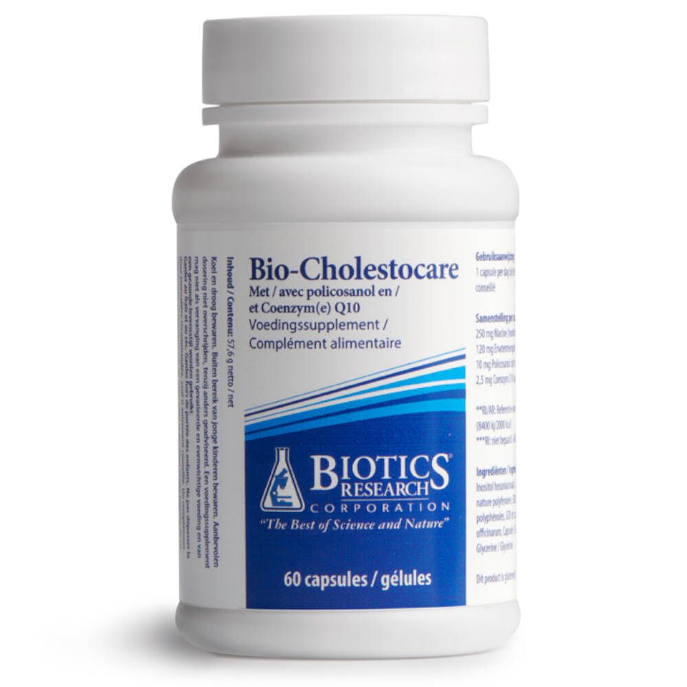 Flacon blanc de gélules. Inscription: Bio-Cholestocare, Biotics Research. 60 gélules. Étiquetage bleu et blanc.