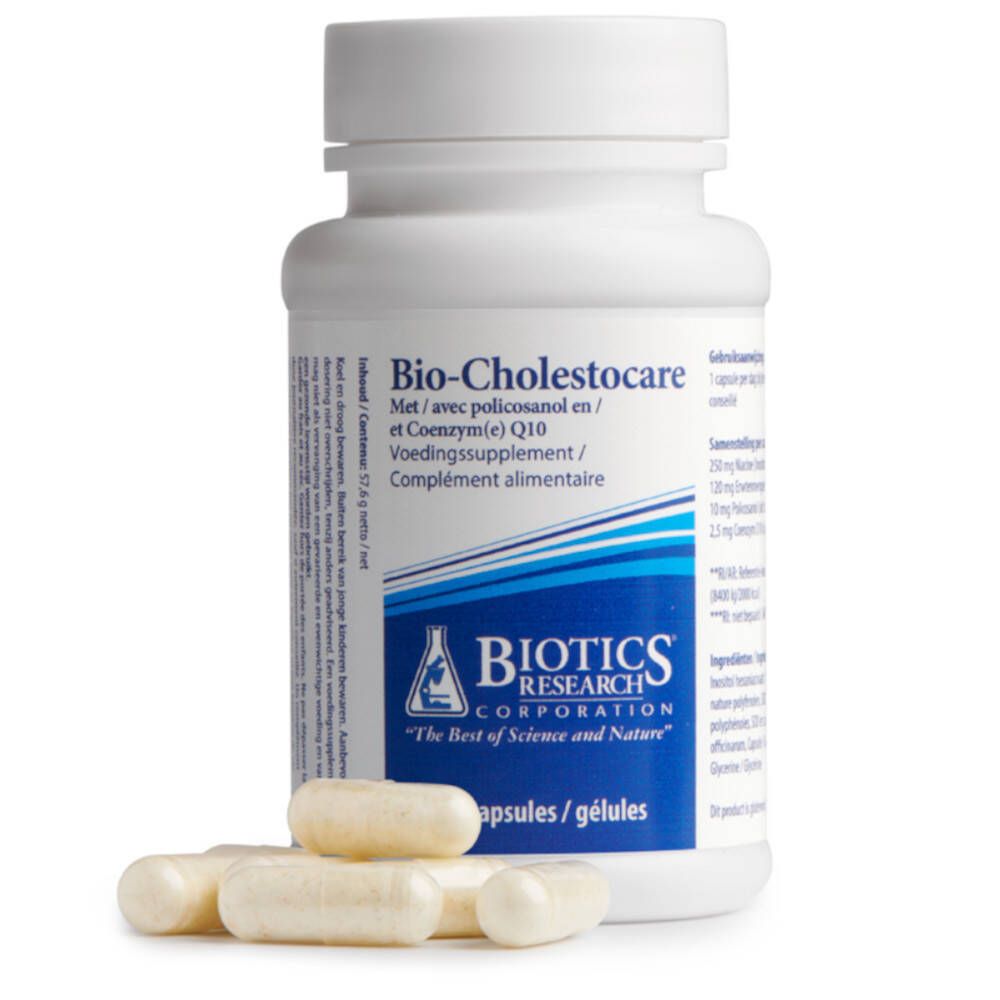 Flacon blanc avec gélules et gélules en vrac. Inscription: Bio-Cholestocare, Biotics Research. 60 gélules. Étiquetage bleu et blanc.