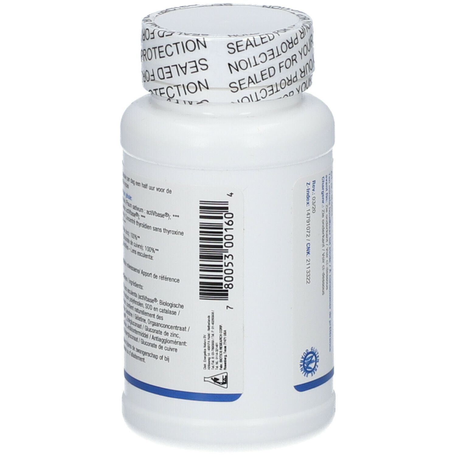 Dos d'un flacon blanc avec bouchon à vis. Code-barres et texte. Sceau: 'SEALED FOR YOUR PROTECTION'.