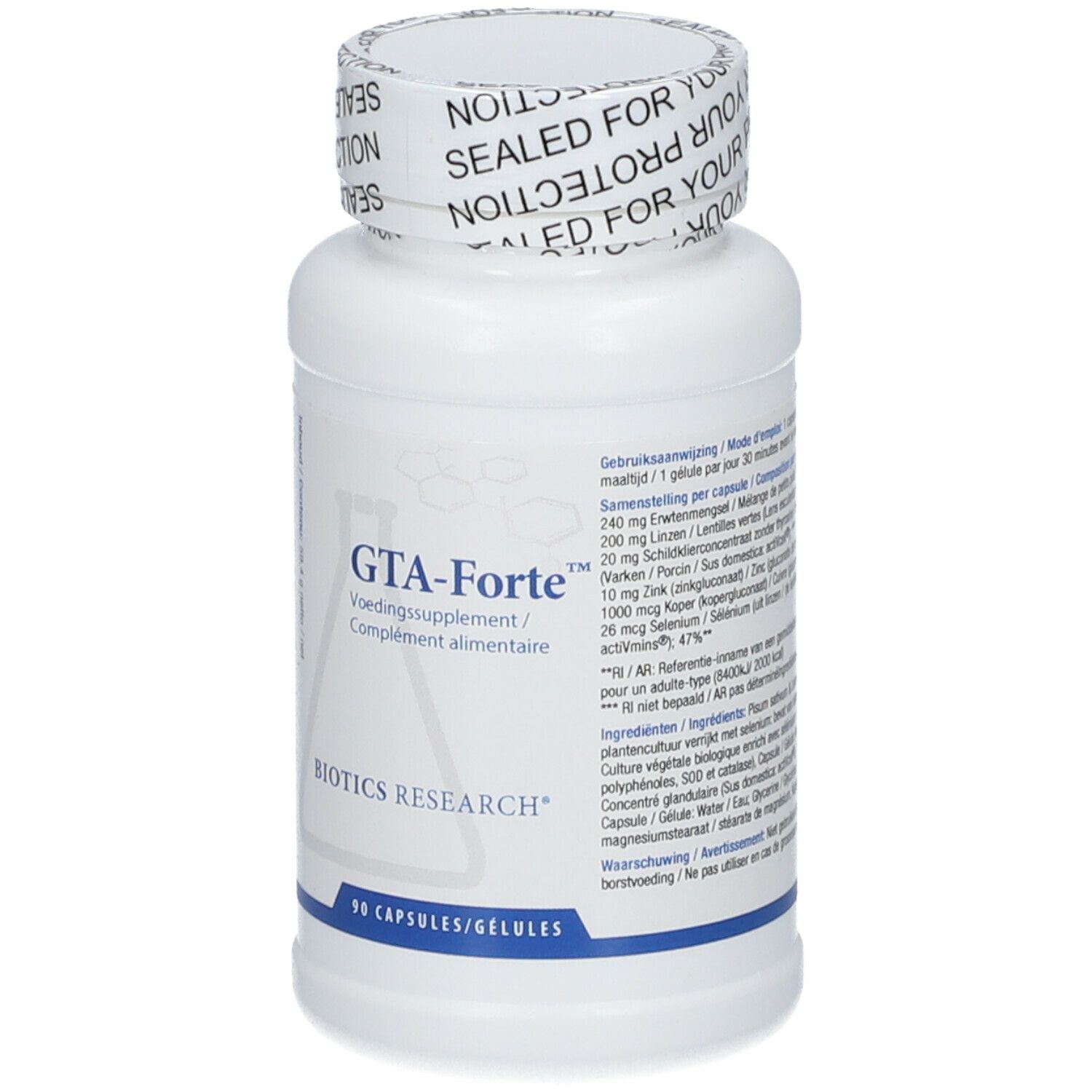 Flacon blanc avec bouchon à vis. Inscription: GTA-Forte, complément alimentaire. 90 gélules. Logo Biotics Research. Ingrédients.
