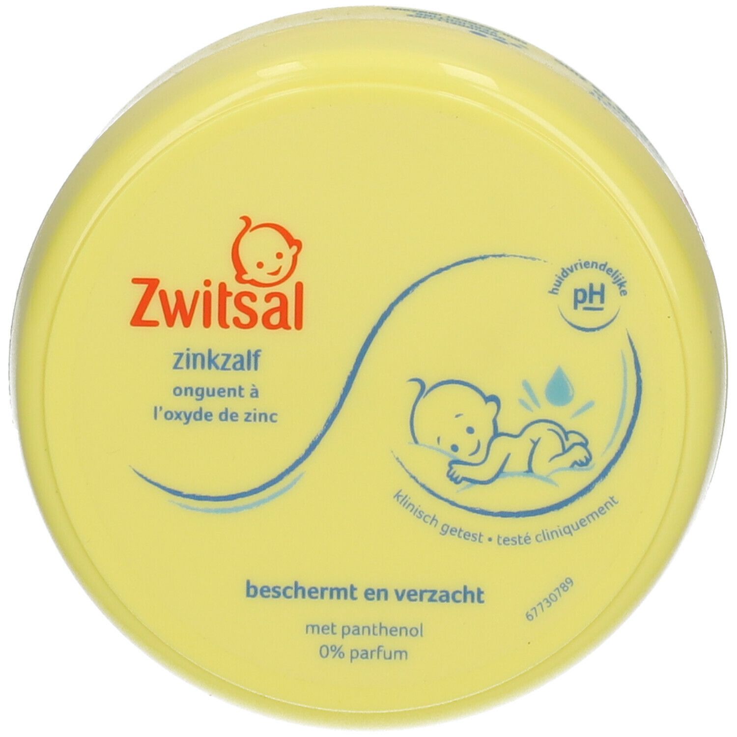 Pot jaune Zwitsal Zinksalbe. Contient du panthénol, 0% parfum. Testé cliniquement. pH respectueux de la peau.