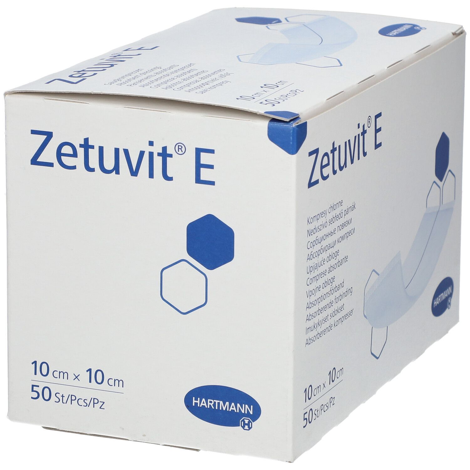 Boîte Zetuvit® E, 10x10 cm, 50 pièces. Logo Hartmann. Inscriptions multilingues.