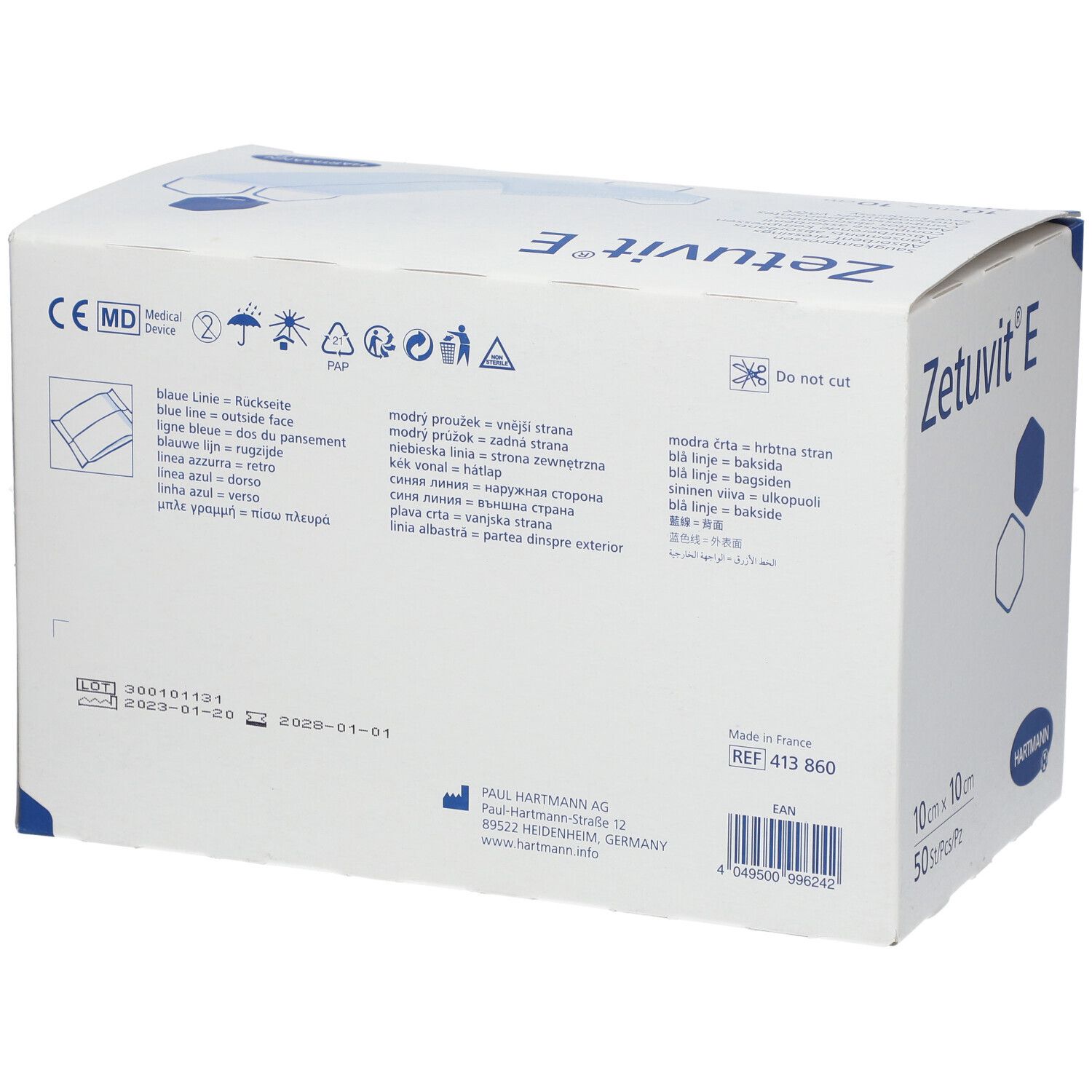 Dos de l'emballage Zetuvit® E. Textes multilingues, marquage CE, adresse du fabricant.