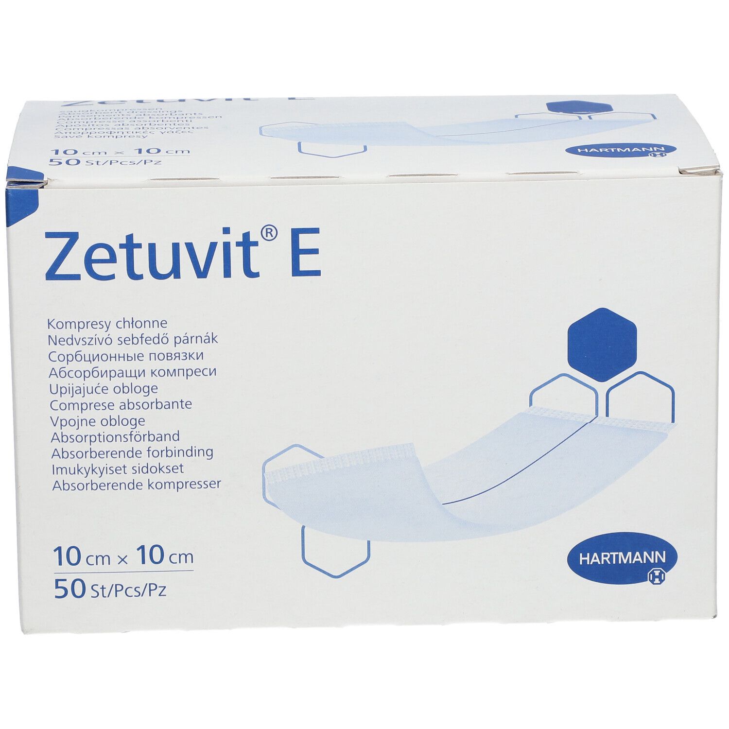 Boîte Zetuvit® E, 10x10 cm, 50 pièces. Logo Hartmann. Inscriptions multilingues.