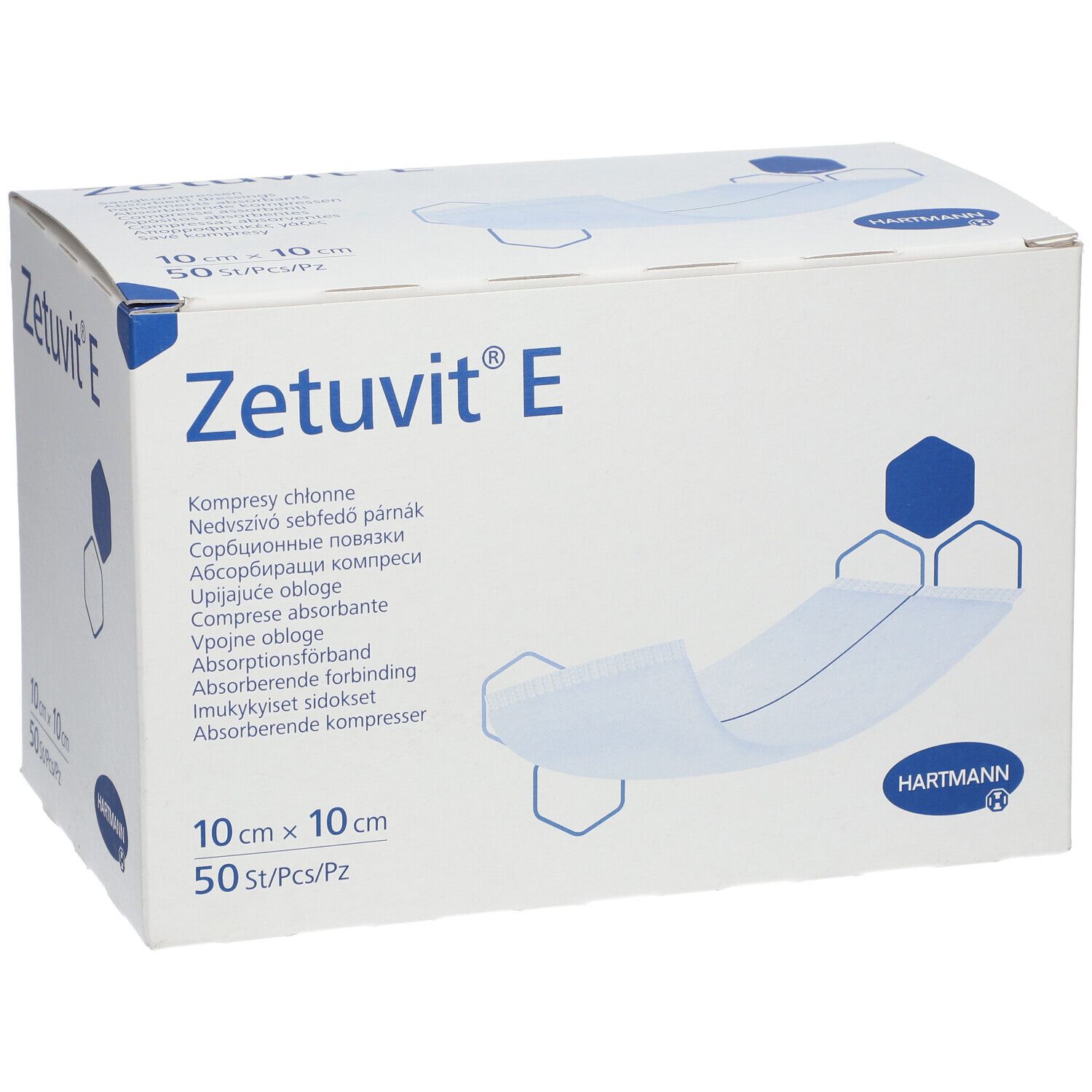 Boîte Zetuvit® E, 10x10 cm, 50 pièces. Logo Hartmann. Inscriptions multilingues.
