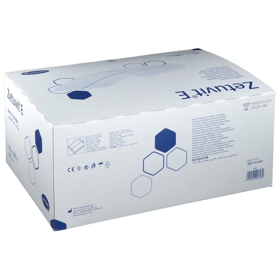 Boîte Zetuvit® E, 15 cm x 20 cm. Boîte blanche avec nom, dimensions et numéro de lot. Logo Hartmann.