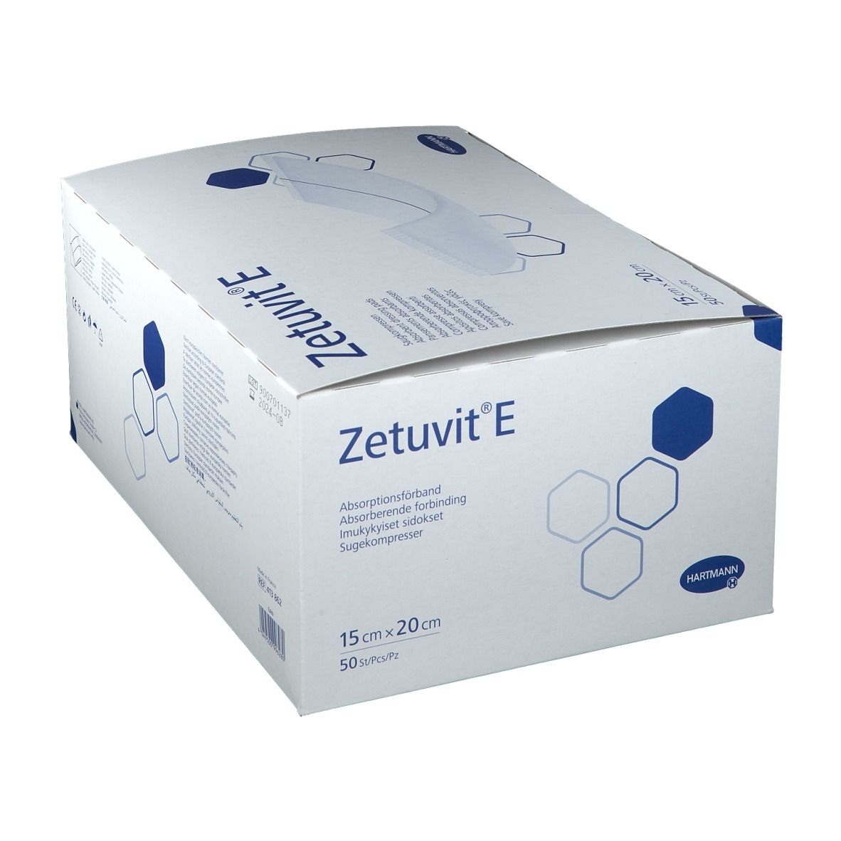 Boîte Zetuvit® E, 15 cm x 20 cm. Boîte blanche avec nom et dimensions du produit. Inscriptions multilingues.