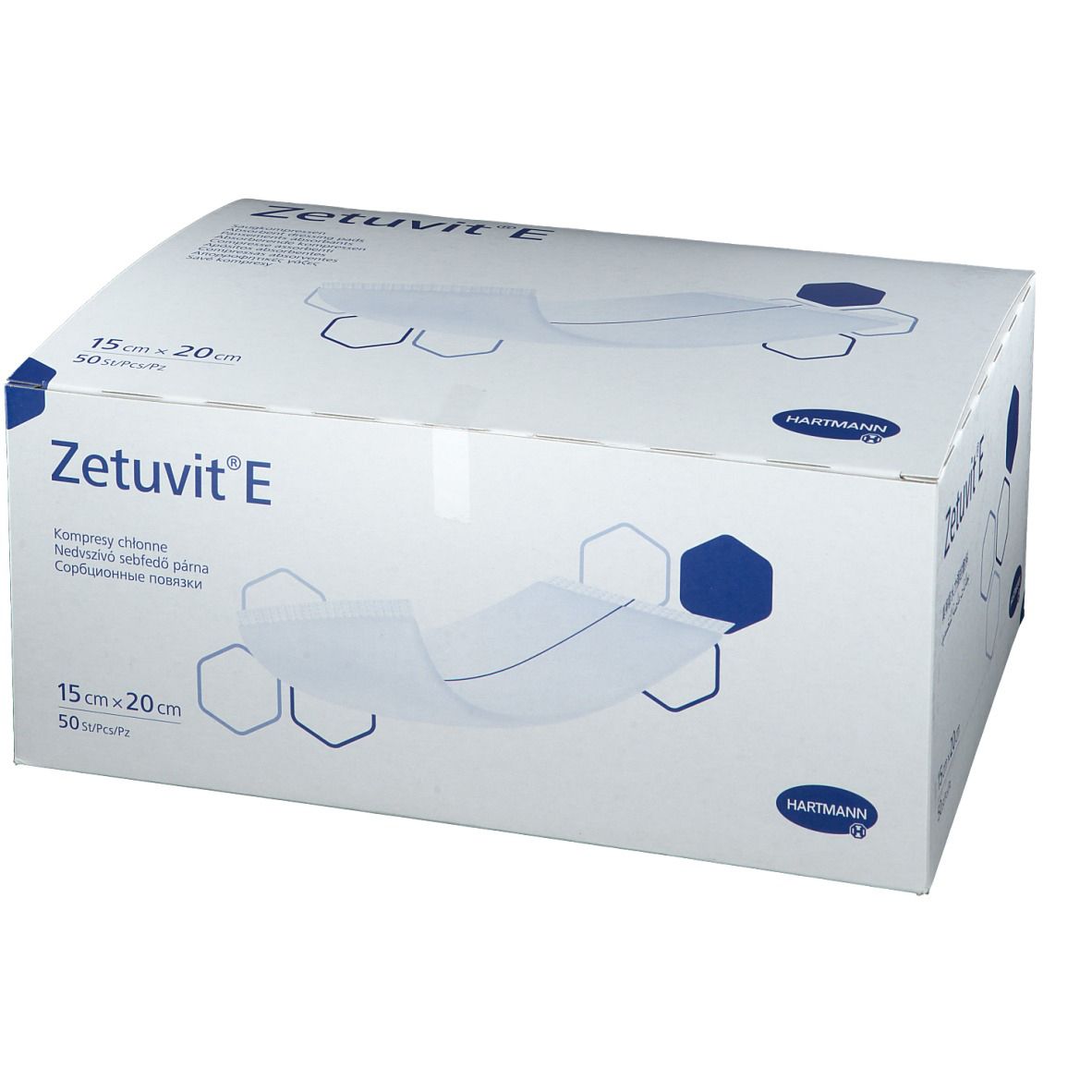 Boîte Zetuvit® E, 15 cm x 20 cm. Boîte blanche avec nom et dimensions du produit. Inscriptions multilingues.