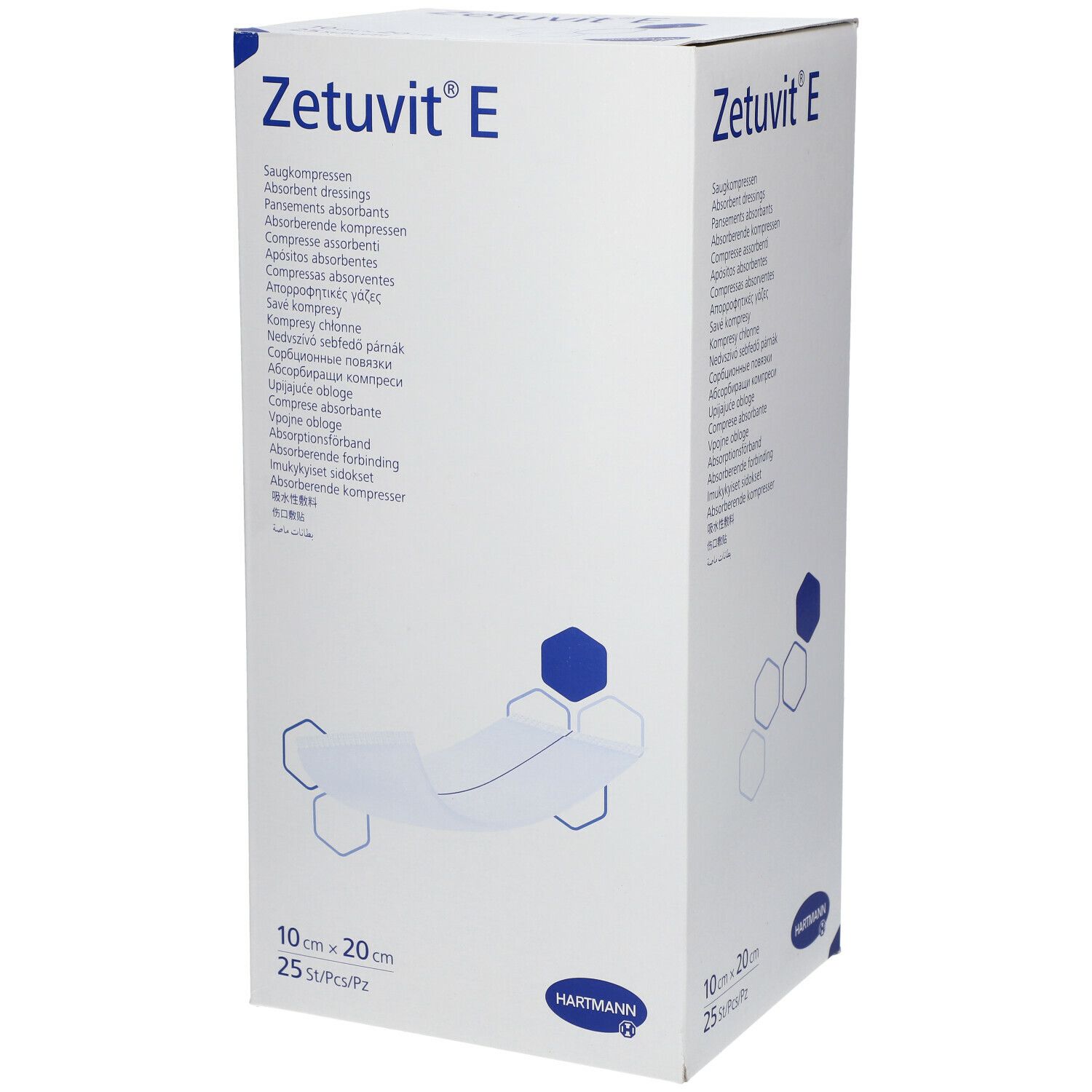 Boîte Zetuvit E. Compresses absorbantes. 10x20 cm. 25 pièces. Logo HARTMANN. Emballage blanc avec accents bleus et illustration du produit.